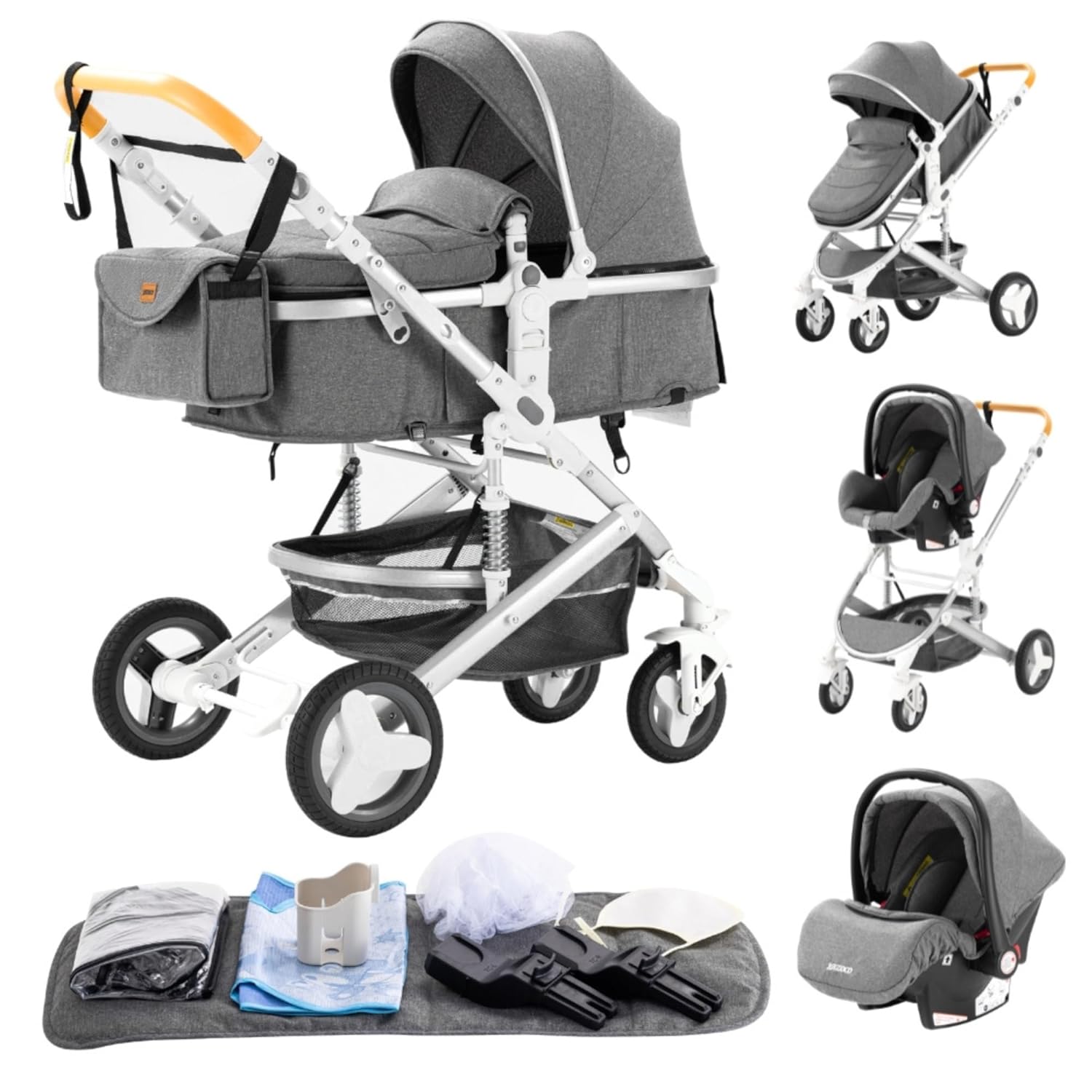 YAZOCO kinderwagen 3 in 1 Buggy Babybett Komplett Set Einem Klick Zusammenklappbarer Kinderwagen, KombiKinderwagen Aluminiumrahmen für Neugeborene Sitzzubehör (1 schwarz)