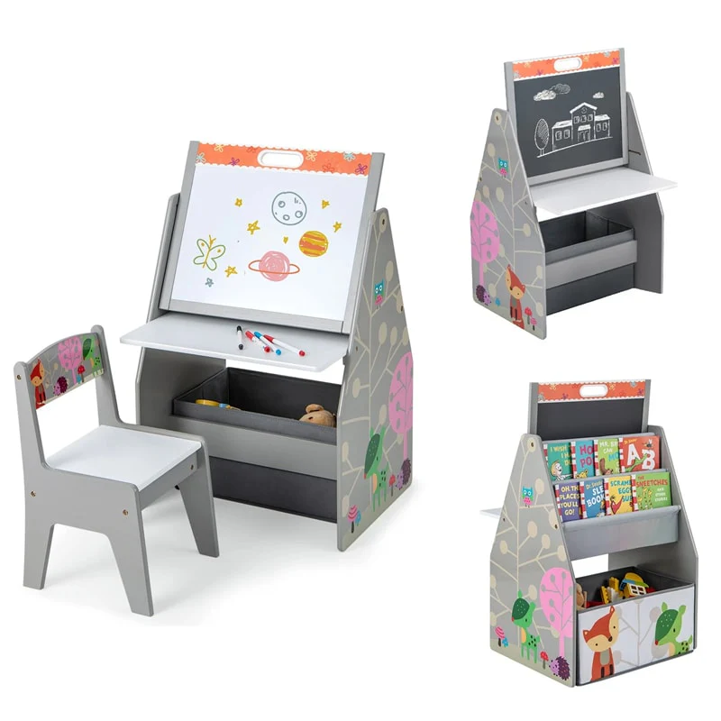 3-in-1 Kids Art Easel with Chair, Wooden Toddler Easel Table & Chair Set w/ Double-Sided Magnetic Whiteboard & Chalkboard, Bookshelf, Storage