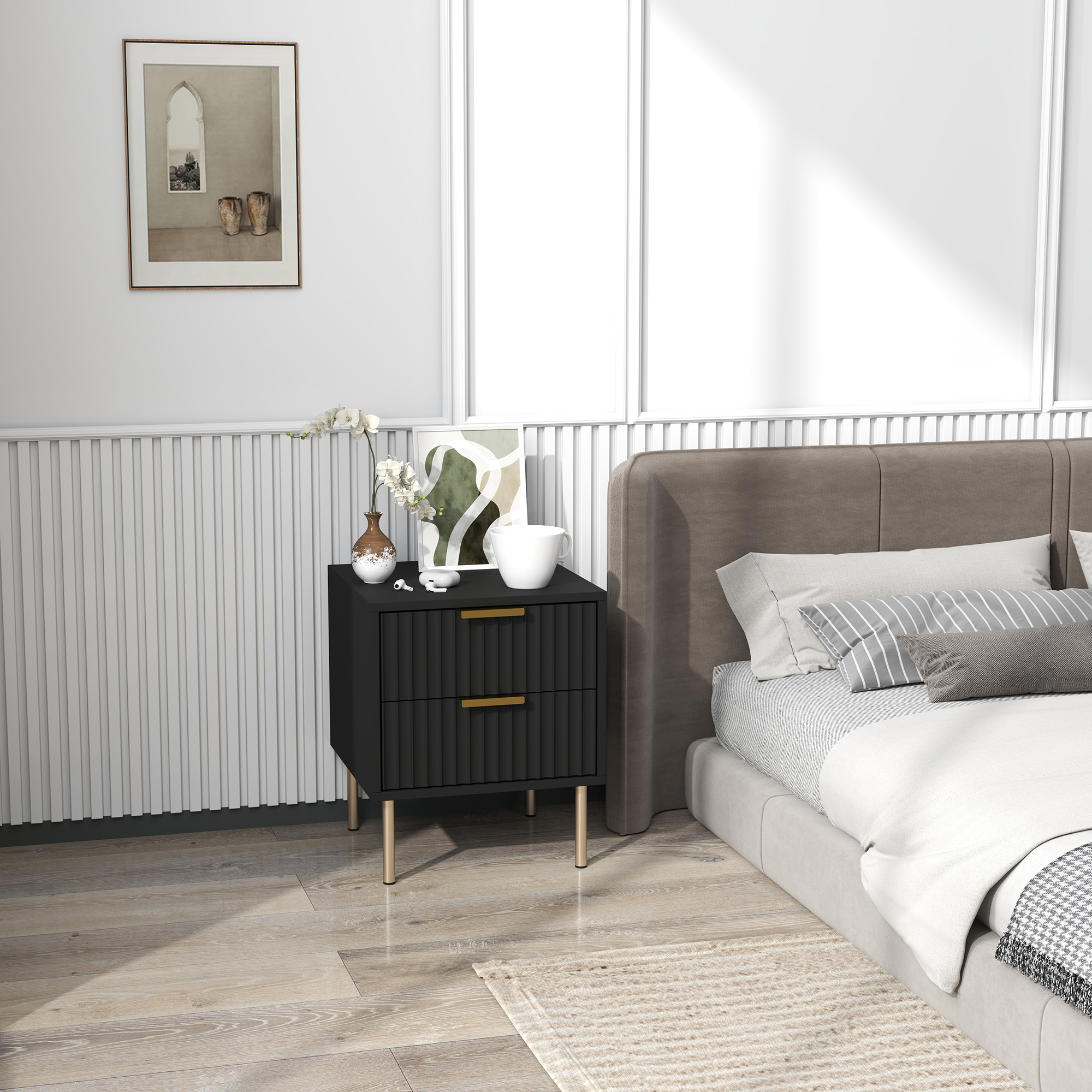 HOMCOM Nachttisch, gerillter Beistelltisch mit 2 Schubladen und Stahlbeinen, für Schlafzimmer, Wohnzimmer, schwarz