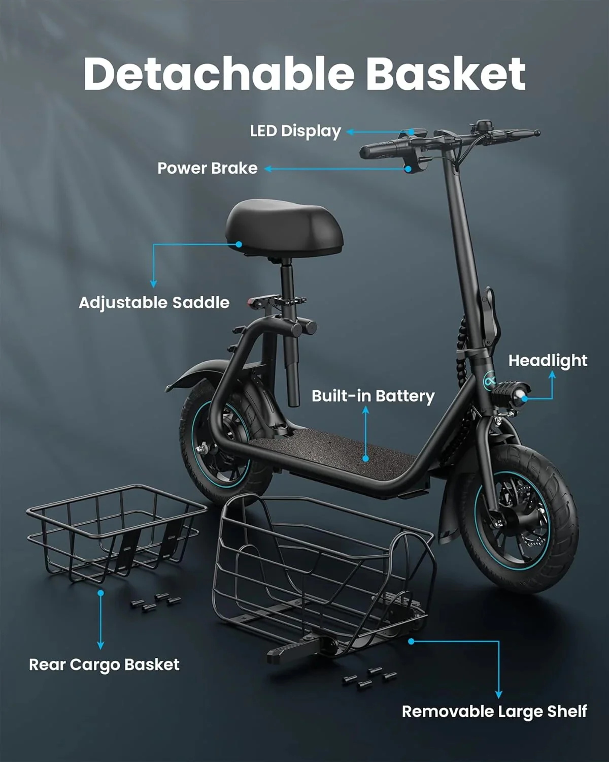 Electric scooter for adults with large center basket