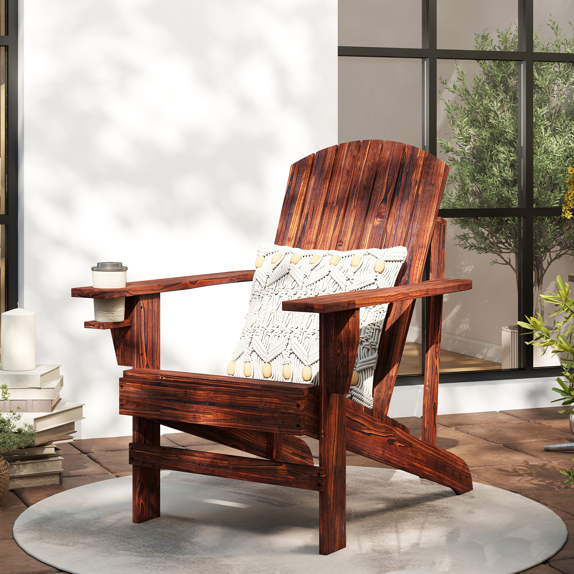 Outsunny Adirondack-Gartenstuhl mit Becherhalter Gartenliege Balkonstuhl Massivholz Verkohlt 72,5 x 97 x 93 cm