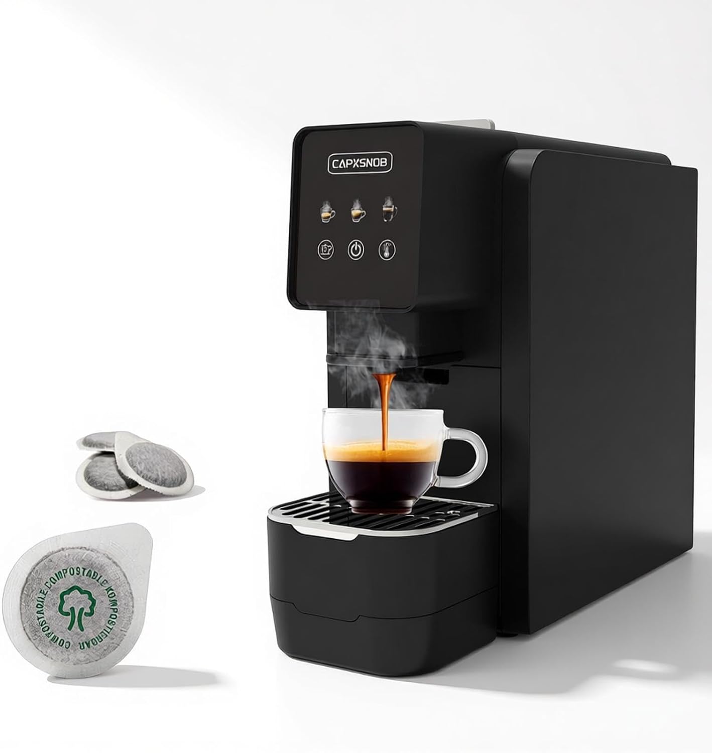 Macchina per cialde caffè ESE 44 mm, pressione 19 bar, touch screen, serbatoio acqua da 800 ml, temperatura e quantità regolabili, per espresso/Lungo/Americano