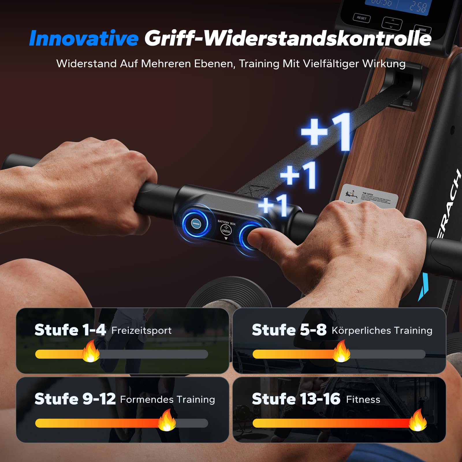 Magnetisches Rudergerät für Zuhause mit 40 kg Magnetwiderstand, 16 Stufen, LED-Display und App