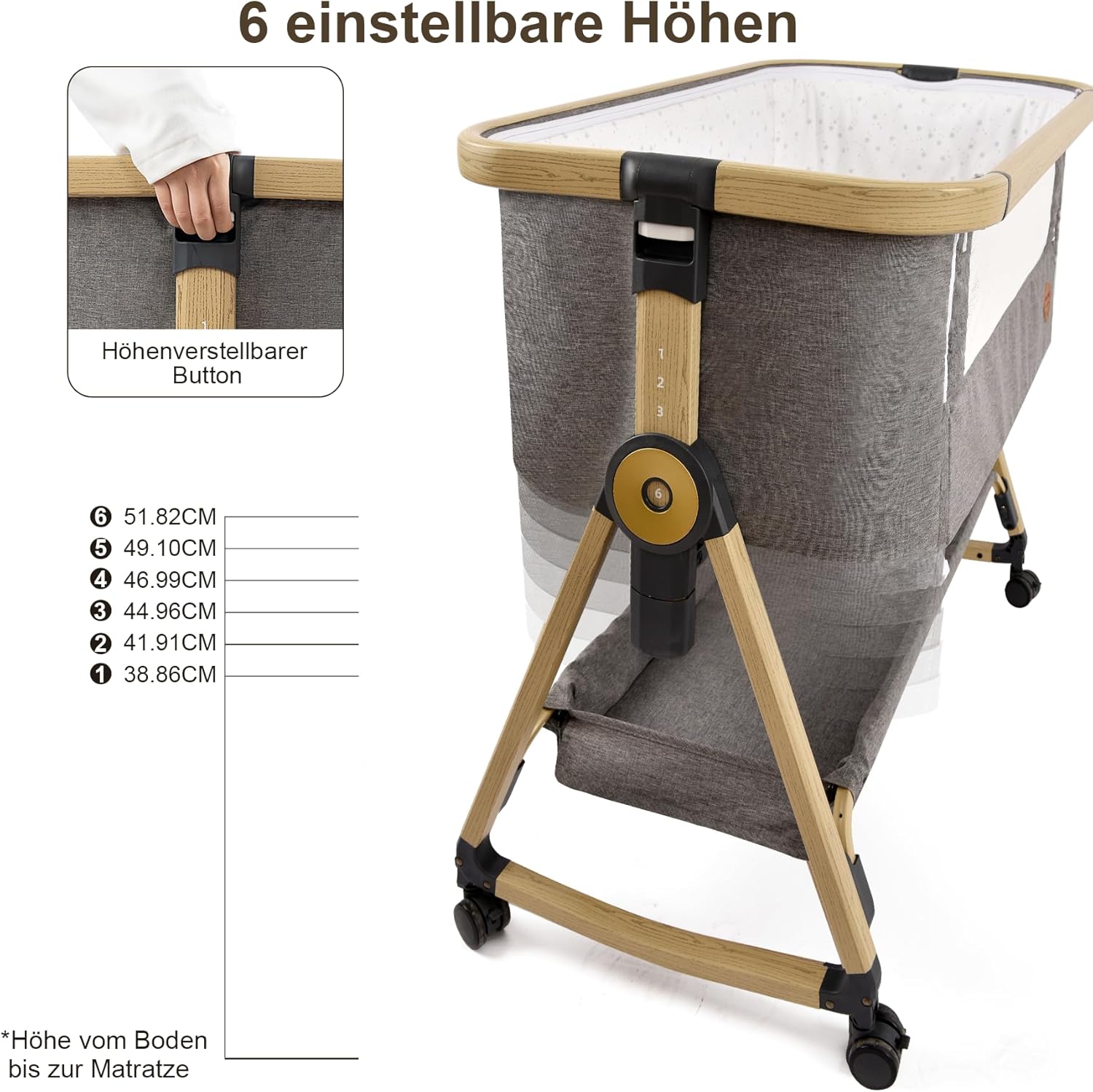 Maydolly Beistellbett 3 in1 Babybetten Tragbar Babybett mit atmungsaktivem Netz und Laken, Verstellbarer Stubenwagen Beistellbett Grau