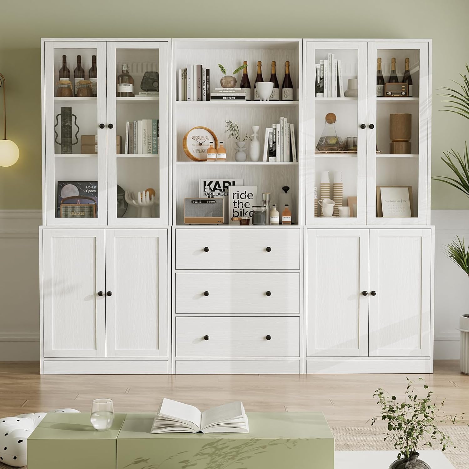 VOWNER Libreria con Ante in Vetro, 180cm Libreria Espositiva Alta, Mobile Vetrina Soggiorno con Cassetti, Armadietto con Vetrina Armadietto Laterale per Soggiorno, ABA (Bianco)
