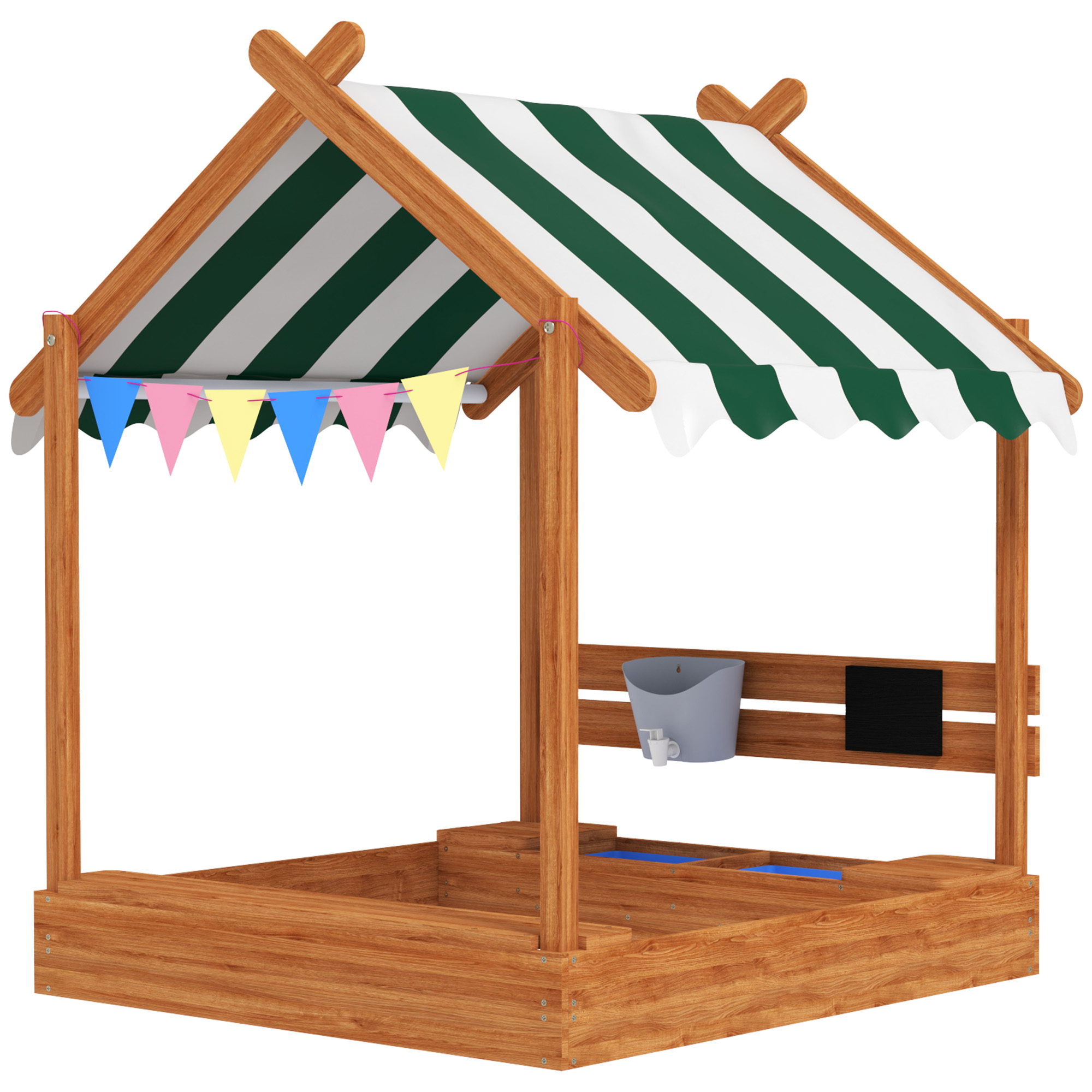 Outsunny Sandkasten mit Sonnenschutz, Spielhaus-Design, mit Spielzeug-Set, behandeltes Massivholz, 124 x 116 x 146 cm, Grün
