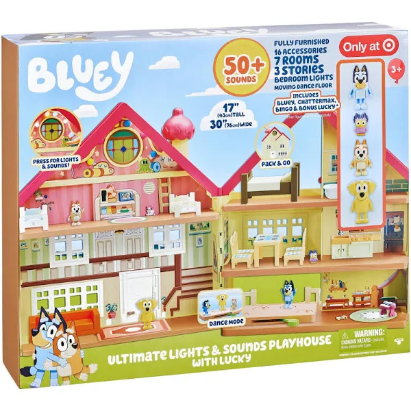 Bluey Ultimate Lights & Sounds Playhouse with Lucky Figures Set &ndash; 3 Story Interactive Toy House