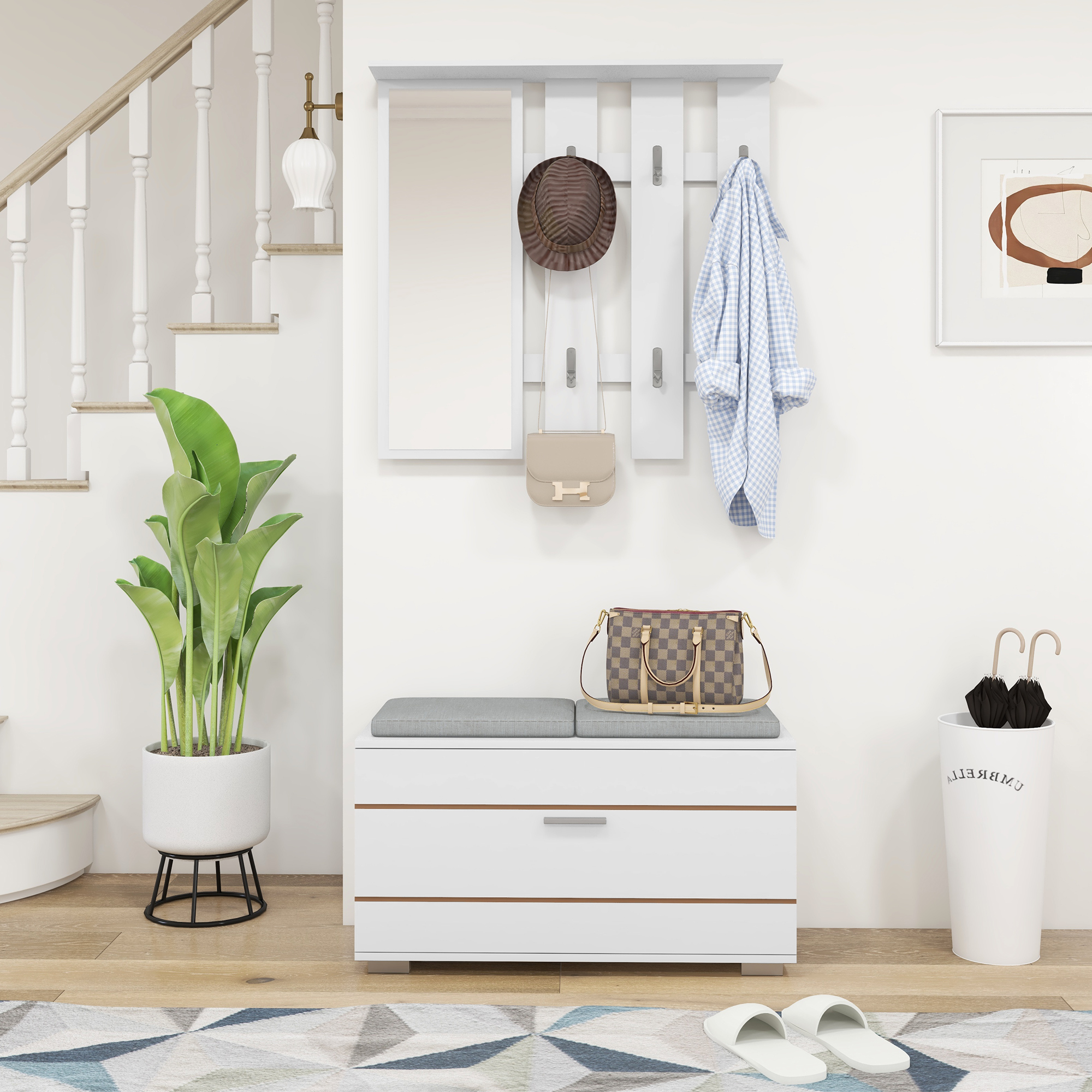 HOMCOM Set Möbel für den Eingangsbereich mit Garderobe, Spiegel, Bank mit Kissen und Schuhschrank für 8 Paar Schuhe, Weiß