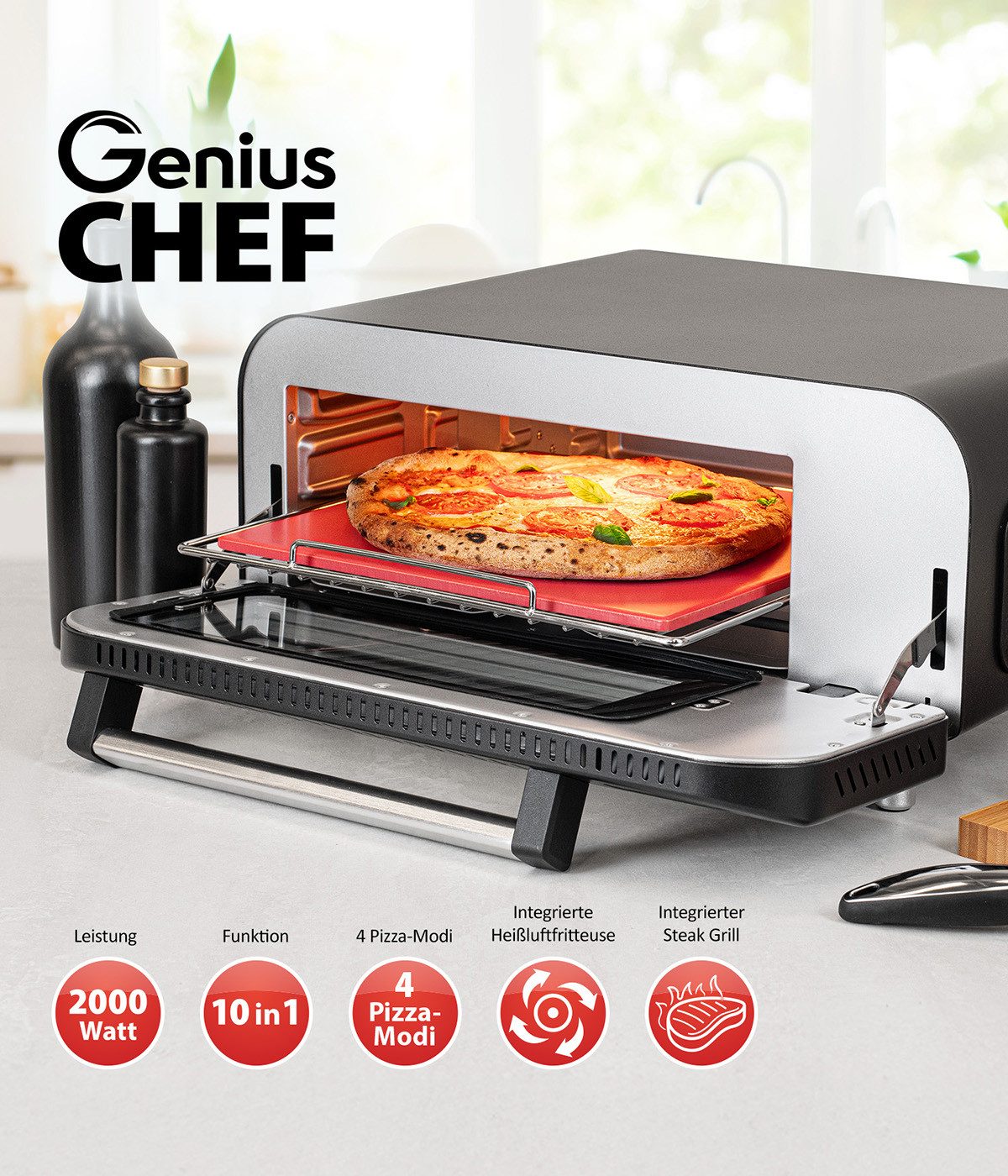 Pizzaofen Genius Chef elektrischer Pizzaofen 10 in 1 8 tlg, 400°C, 2000 Watt