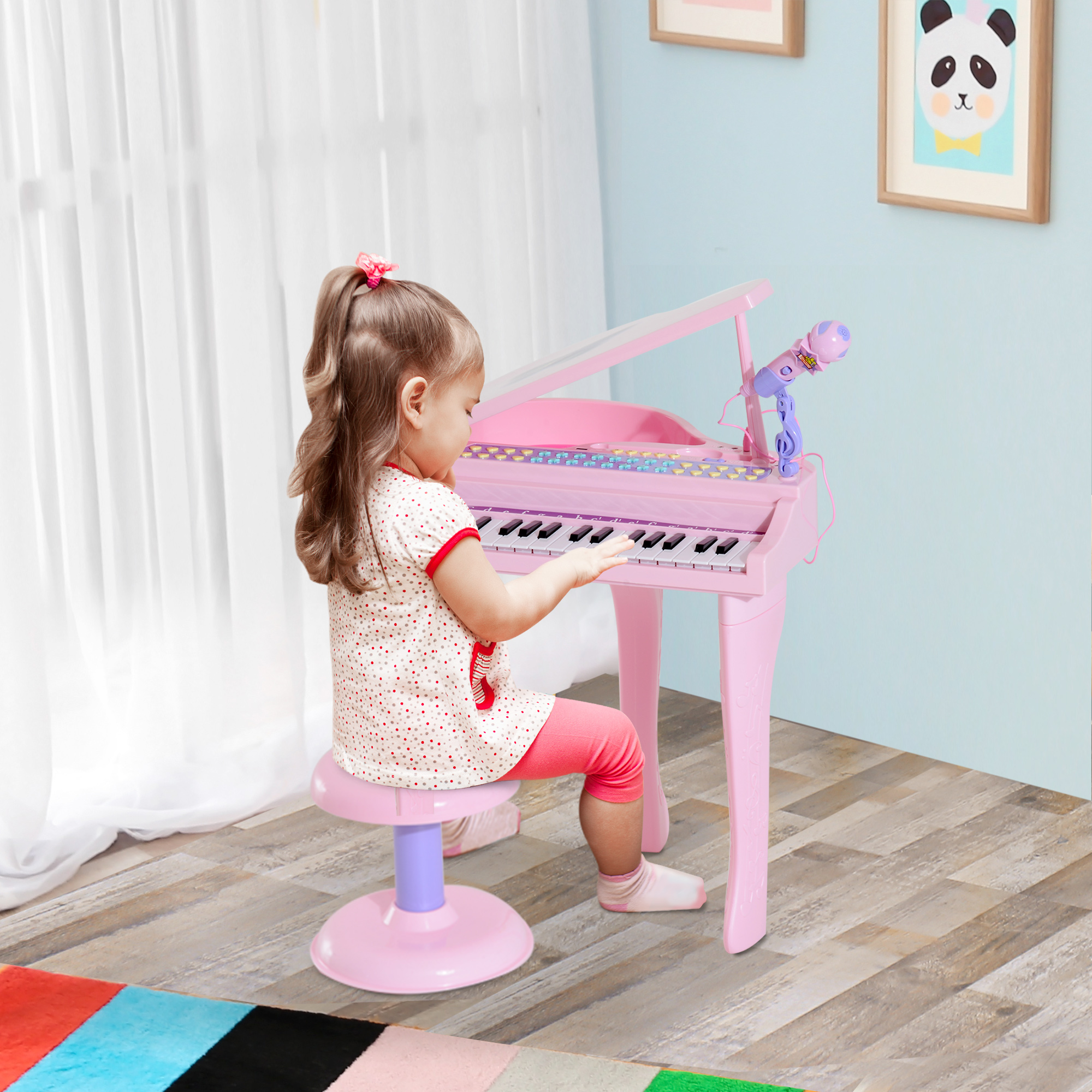 HOMCOM Kinder Klavier Mini-Klavier Piano Keyboard Musikinstrument MP3 USB inkl. Hocker 37 Tasten Rosa