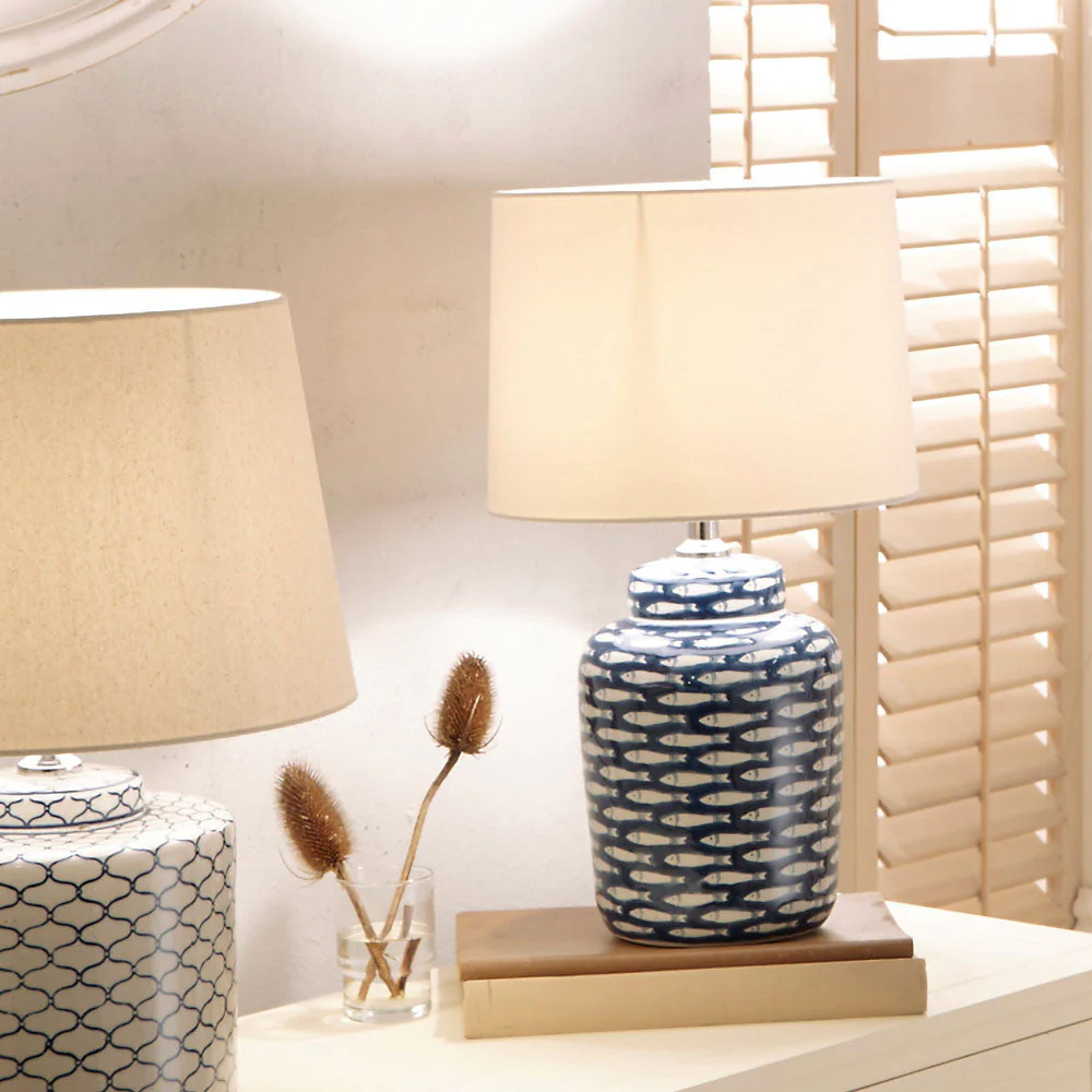 Shoal Blue & White Fish Ceramic Table Lamp with Cream Shade