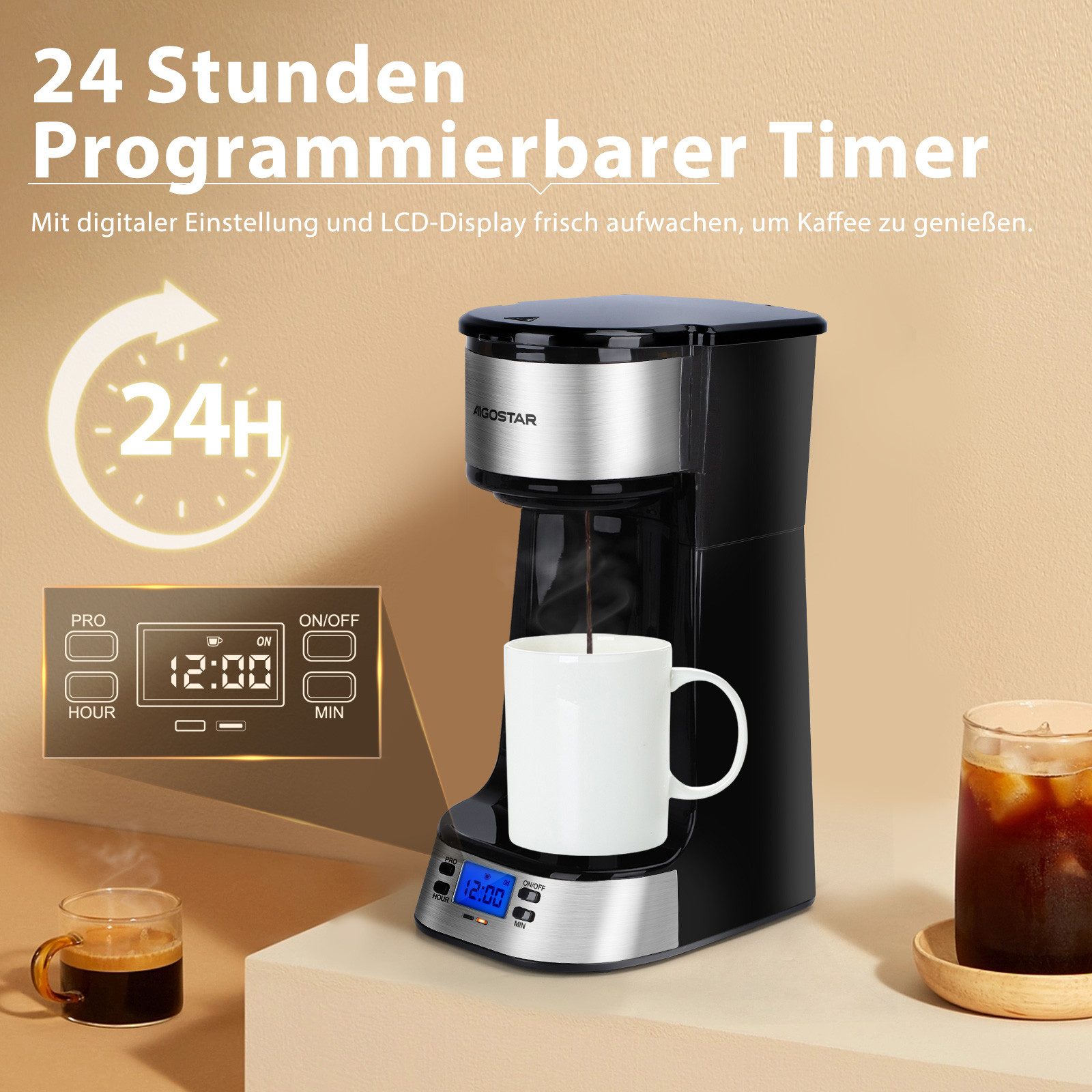 Filterkaffeemaschine mit Thermobecher, 420 ml, 750W, AutoClean-Funktion, 24H Timer, Edelstahl