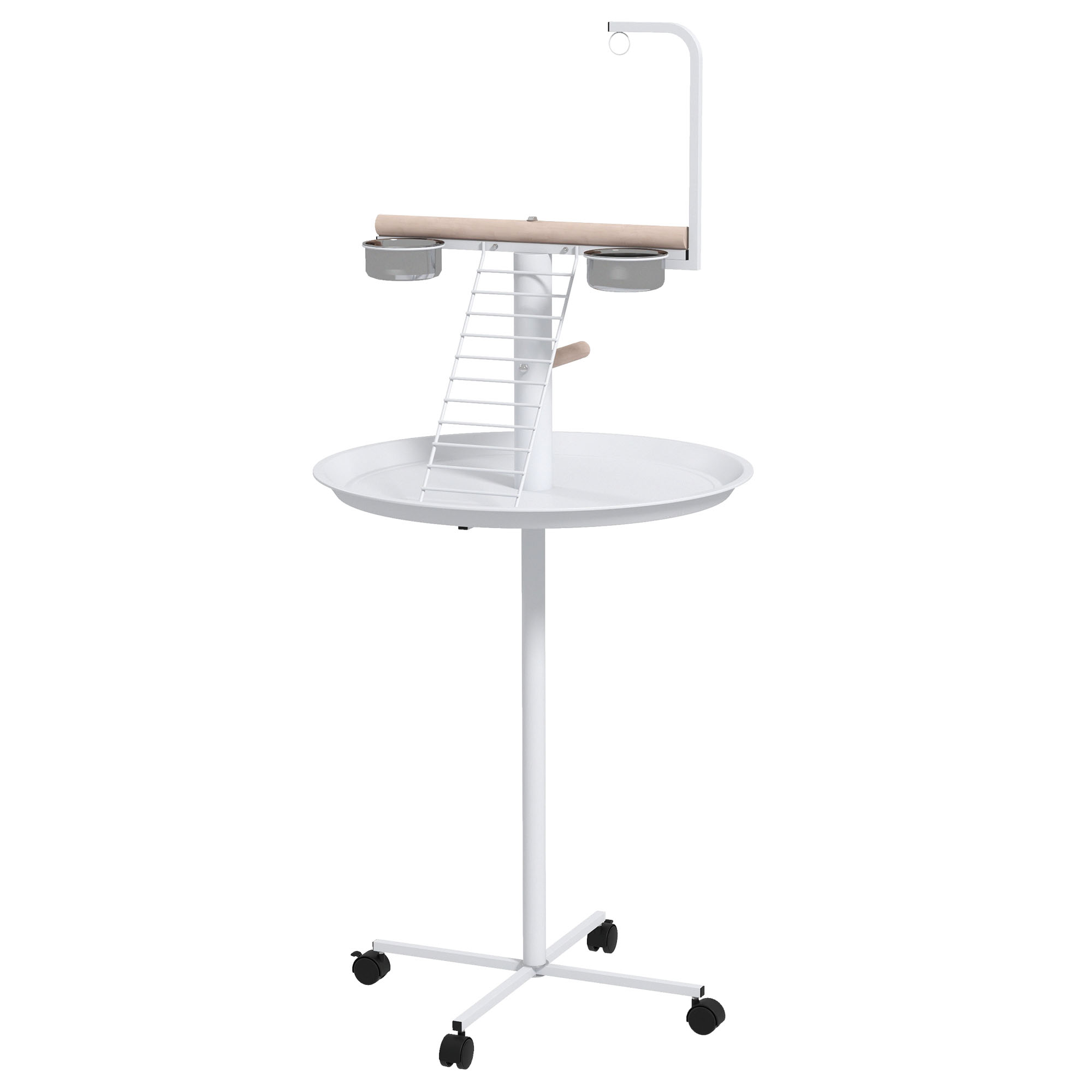 PawHut Anflugstange Freisitz für Papageien Sitzstange, 1 Leiter, 1 Schaukel, Futternäpfe, 60 x 60 x 138 cm, Weiß + Natur