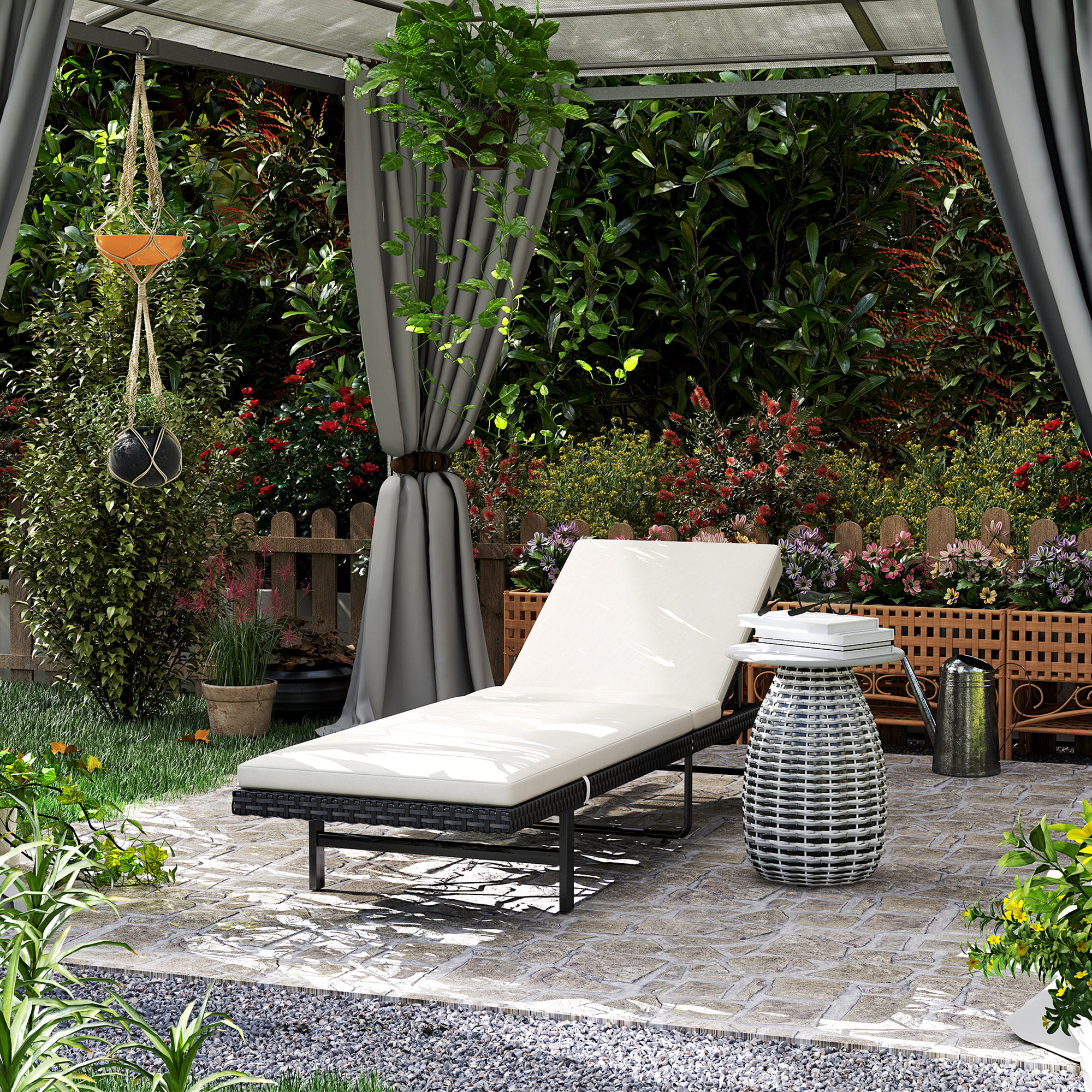 Outsunny Gartenliege mit Kissen aus Kunstharzgeflecht, verstellbar mit Rollen, 198 x 65 x 85 cm, Creme