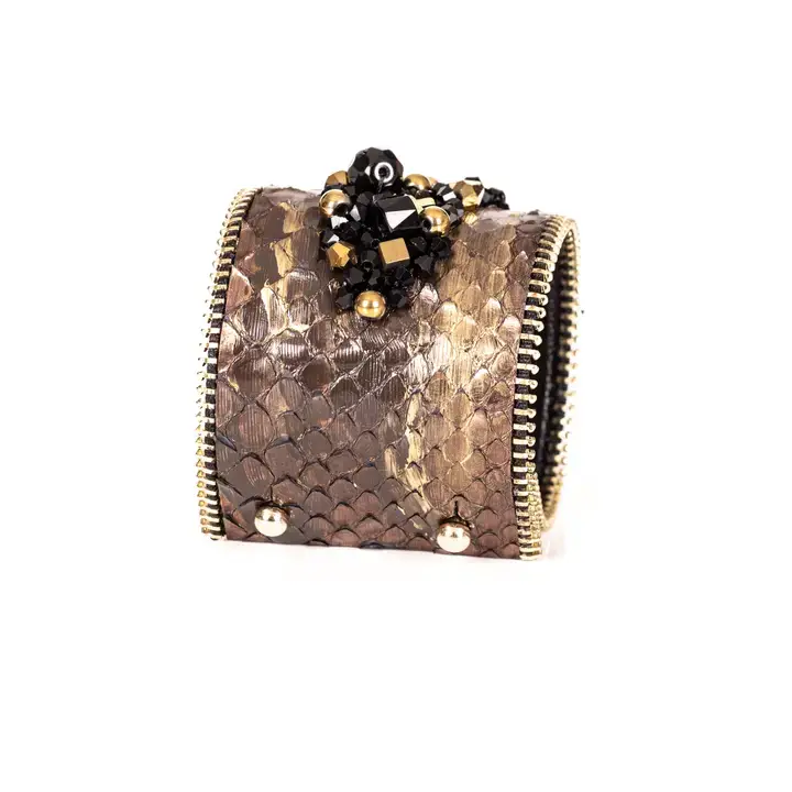 Women��s Statement Gold & Black Beaded Leather Cuff Bracelet: S 18 cm
