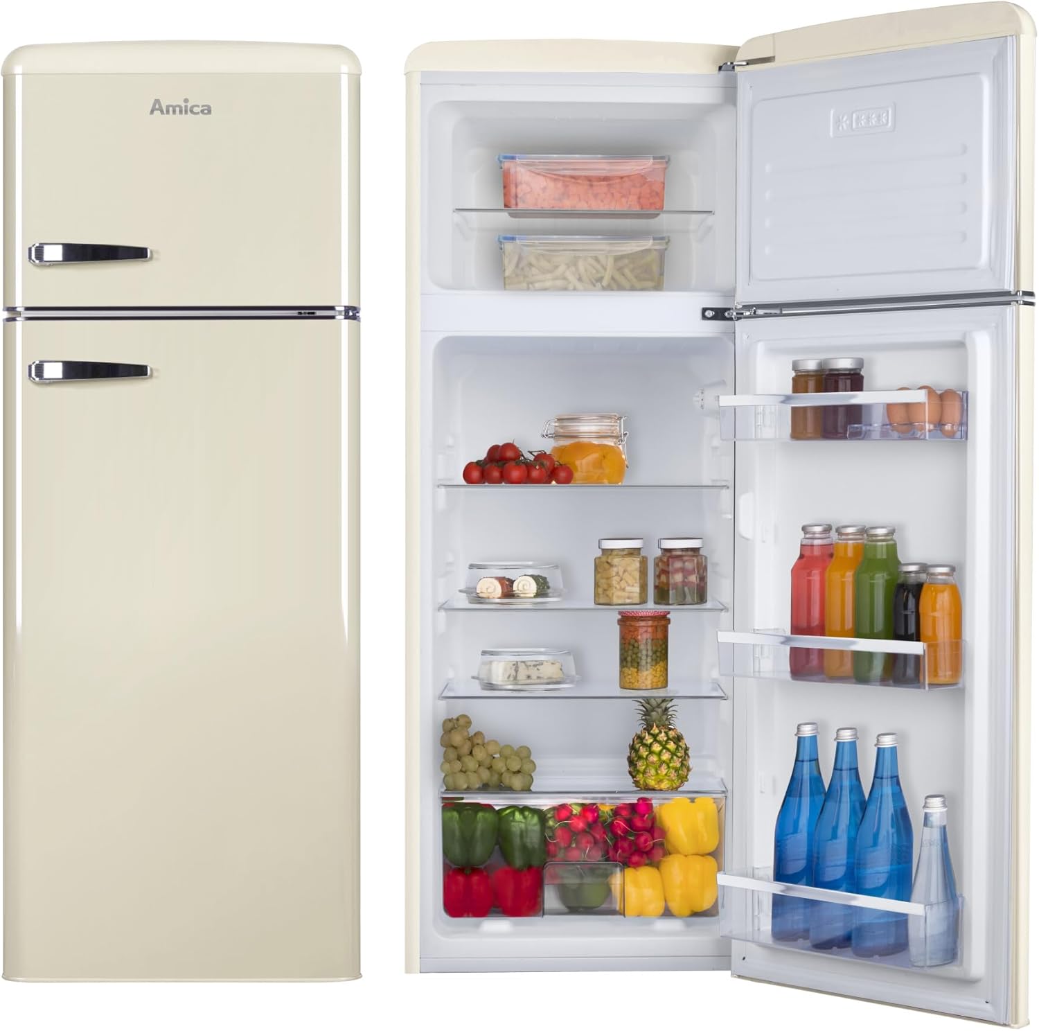 Amica KS 15615 B Retro Kühlschrank mit Gefrierfach / Coffee Cream (Beige) / 88cm (H) x 55cm (B) x 62cm (T) / Retro-Design