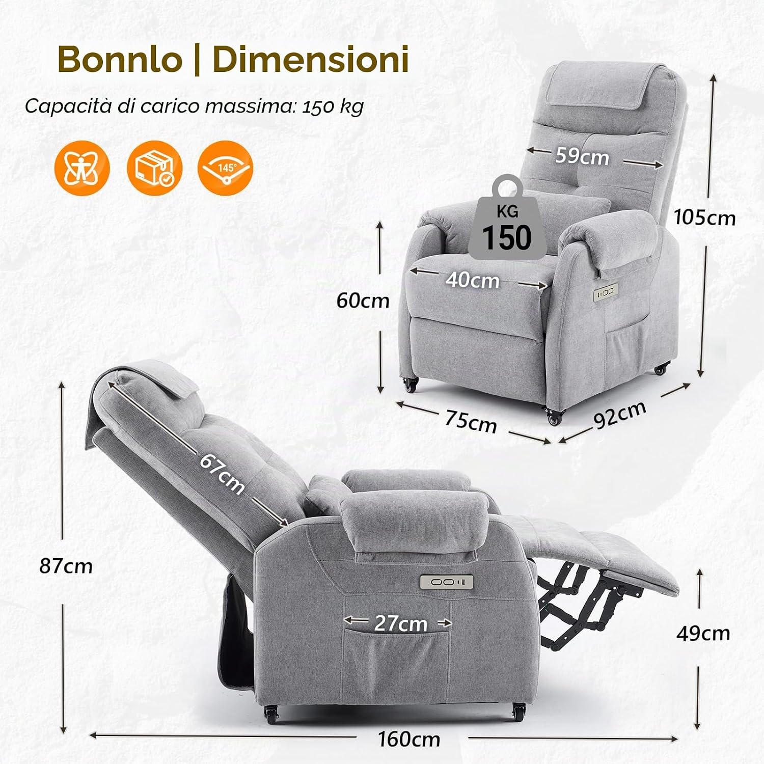 Bonnlo Poltrona relax, poltrona TV, poltrona massaggiante elettrica con funzione reclinabile, seggiolino TV, 6 punti di massaggio e funzione di riscaldamento, porte USB-C e USB-A, 1 tasca laterale