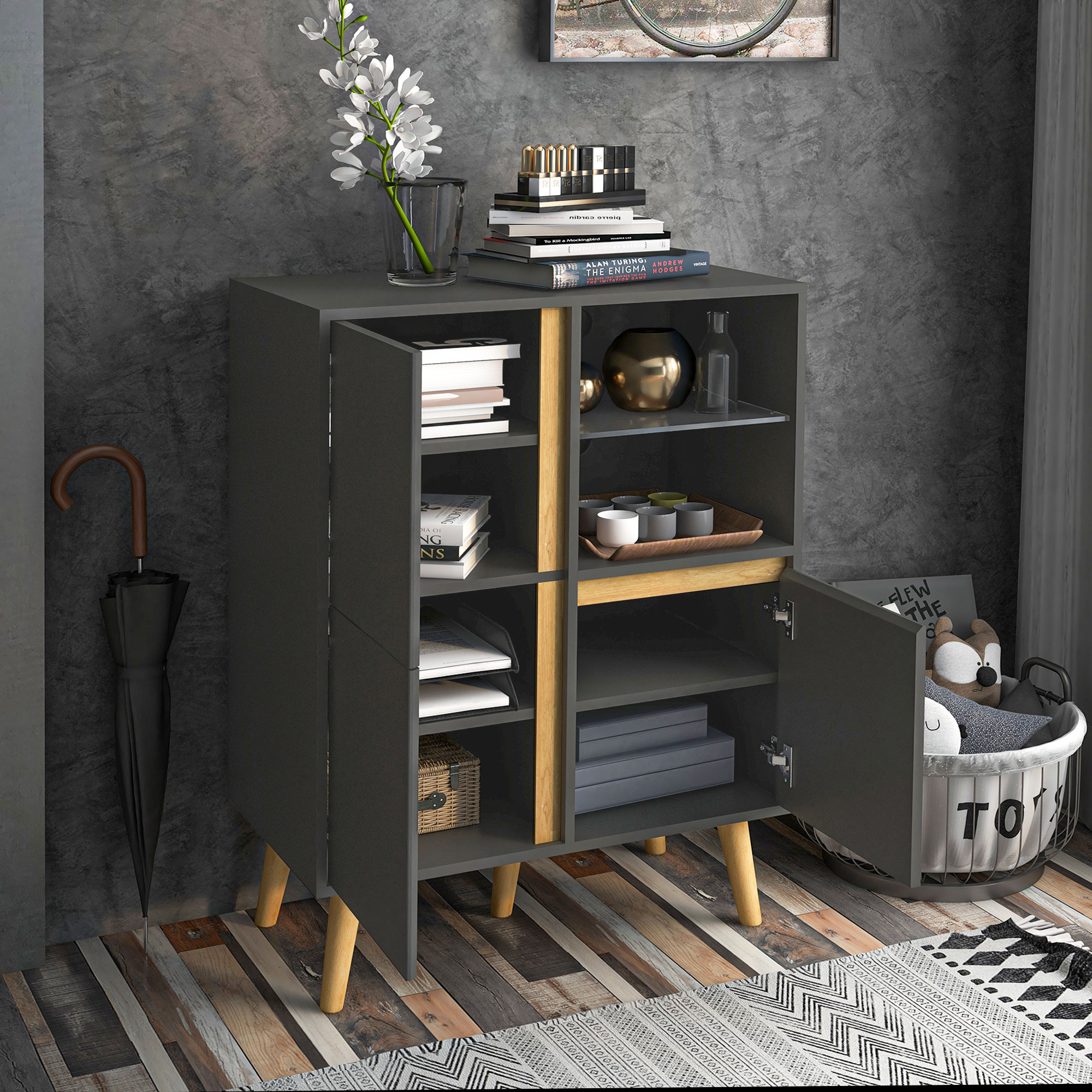 HOMCOM Modernes Design, verstellbare Regale und massive Holzfüße 70 x 40 x 96,1 cm dunkelgrau