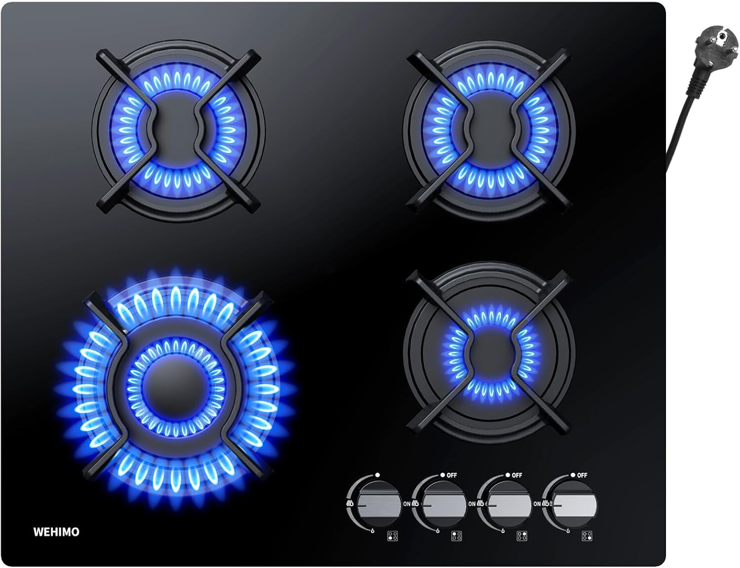 WEHIMO Piano Cottura a Gas 4 Fuochi da Incasso, 60cm, 7800W, Protezione Flame-Out, Gas Naturale/Propano/Butano, Vetro Nero