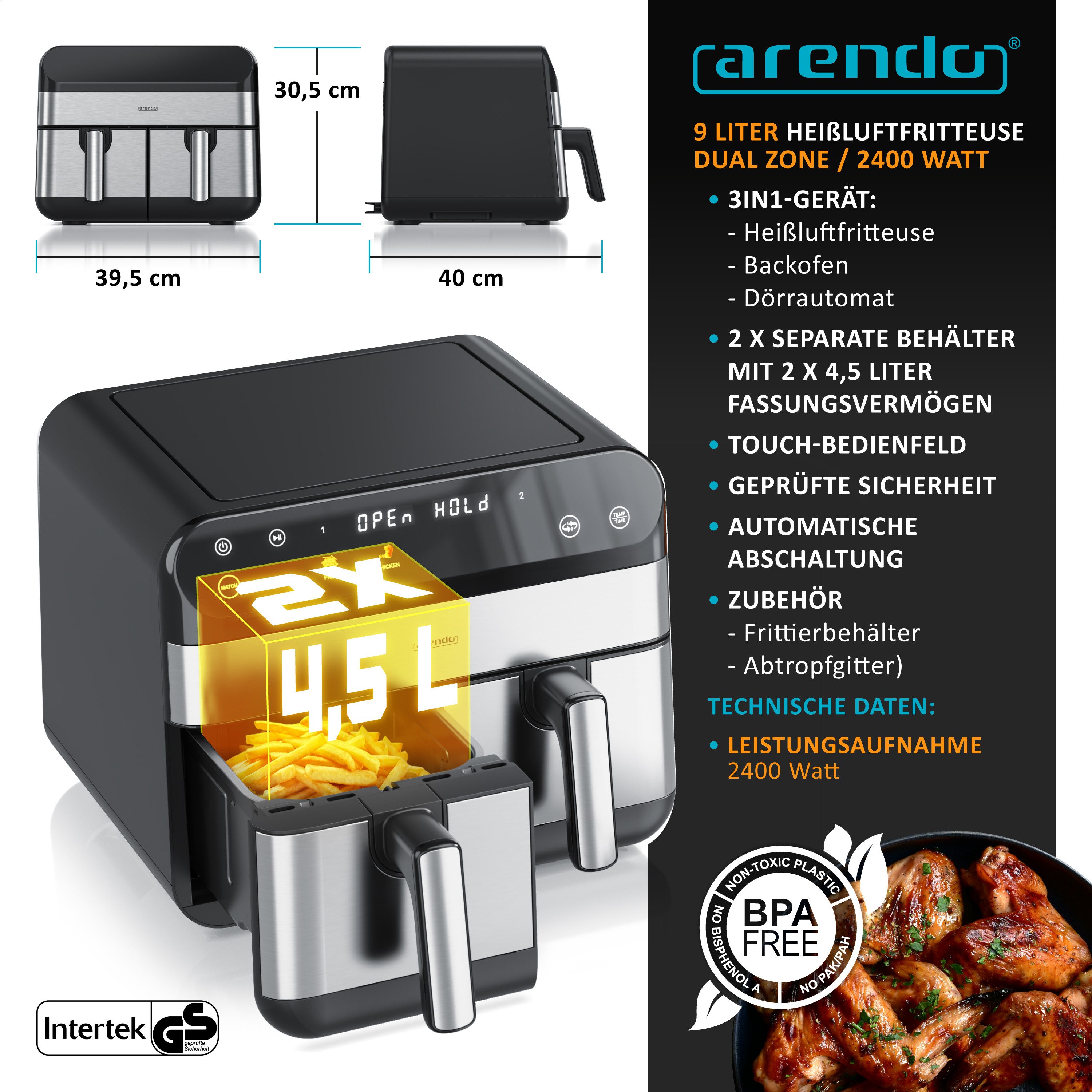Heißluftfritteuse XXL Doppelkammer Airfryer 9L mit Backpapier und Zubehör, Dual Zone