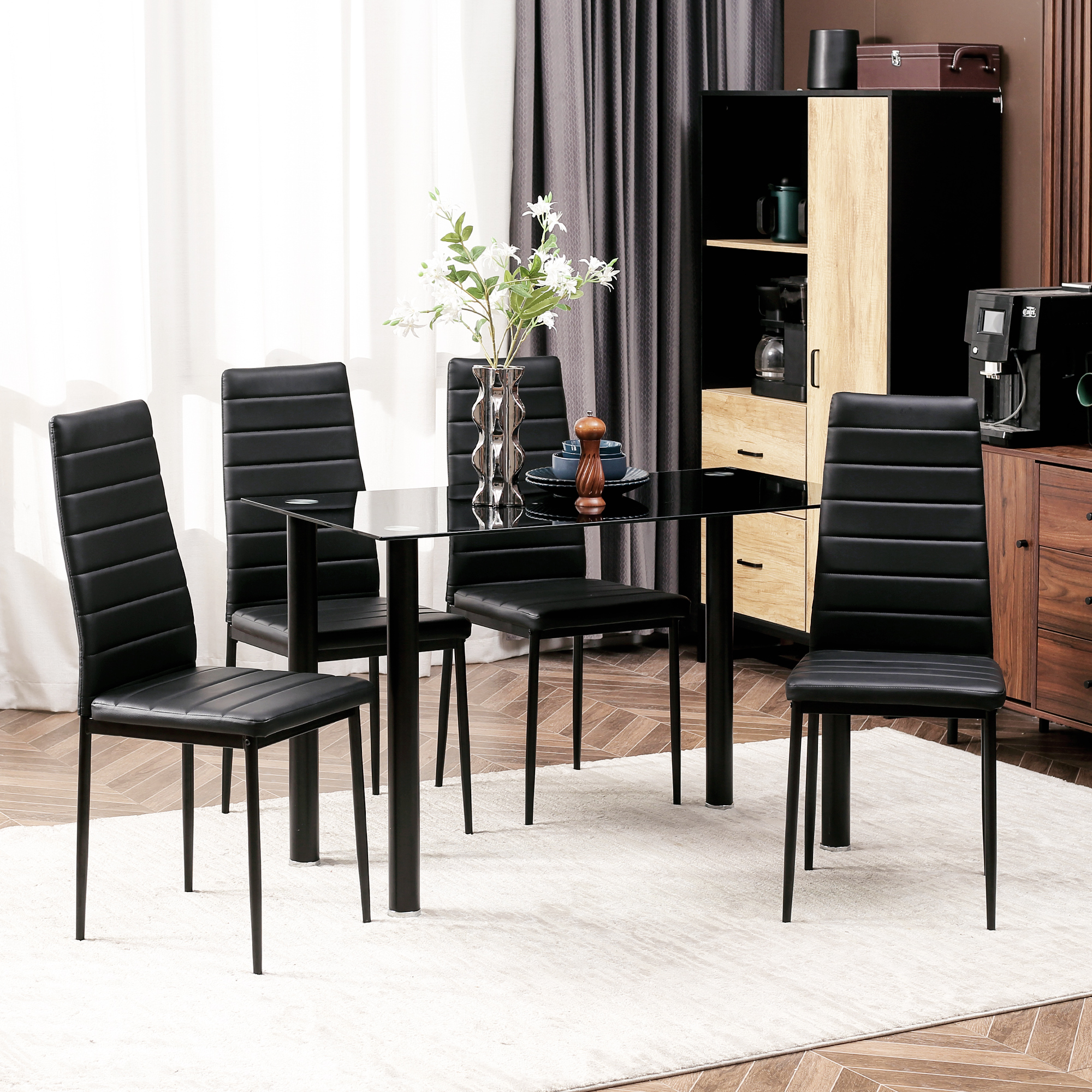 5-delige Eetkamerset Tafel en 4 Stoelen, Modern Design, Glazen Tafel, Zwart
