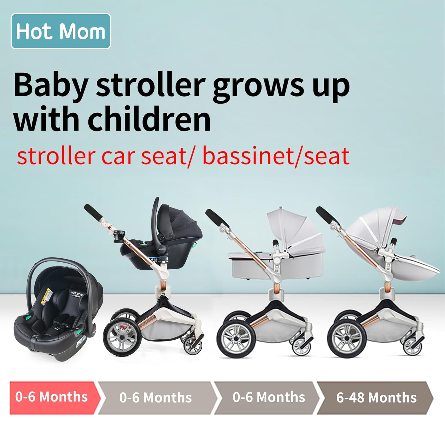 Hot Mom Kinderwagen set mit 360° Drehfunktion, Kombikinderwagen 3-in-1. Ausgestattet mit PU-Reifen und Kunstledersitz und viele weitere Zubehören, Dunkelgrau