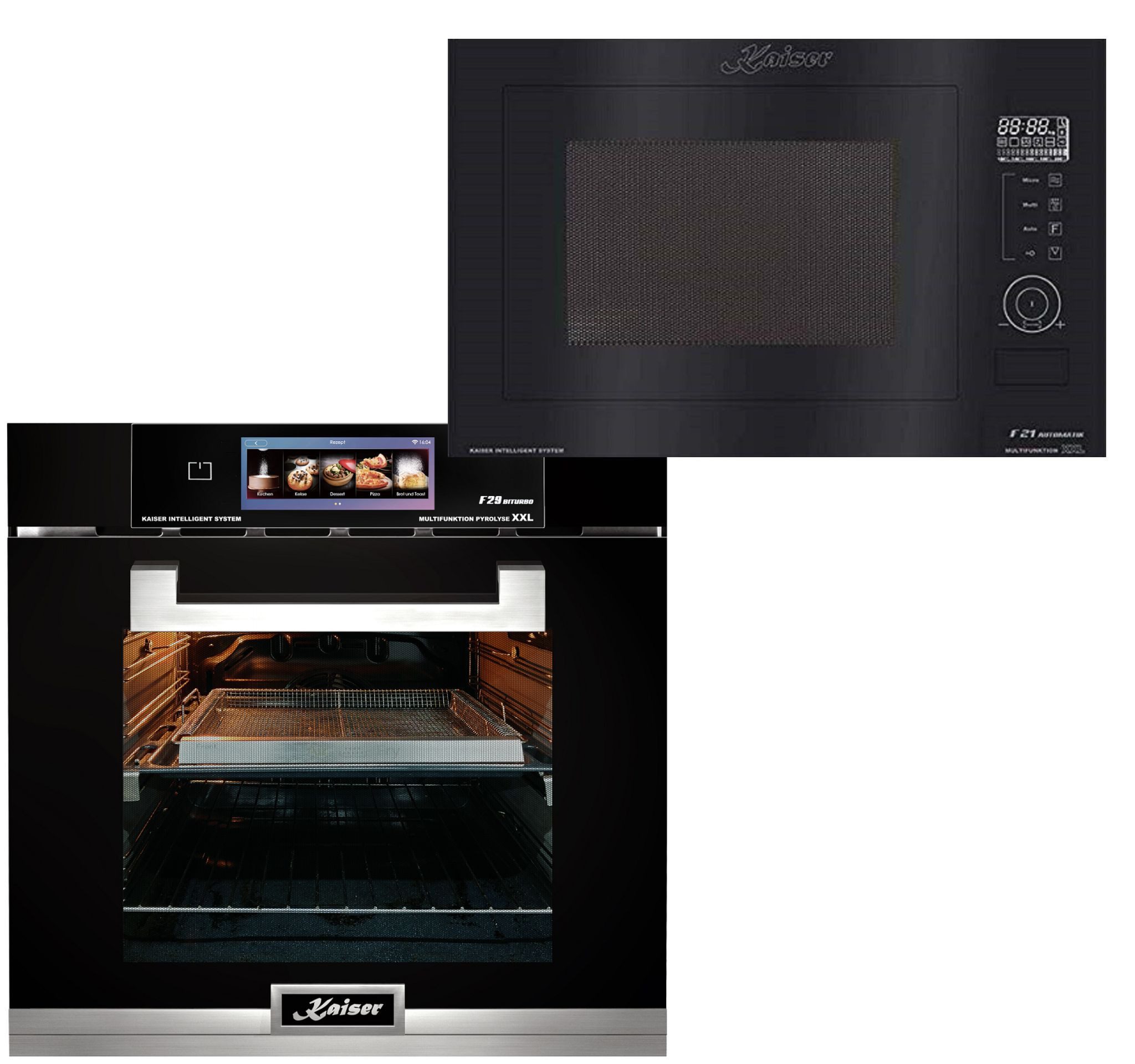Backofen-Set Einbaubackofen Multifunktions-Elektro-Backofen mit Pyrolyse und Dampfreinigung, TFT Display, 60cm, 86L,Air Fry+Einbau-Mikrowelle, Schwarz Glas, 25L, Heißluft, Grill, 21 Funktionen EH 6344 N+EM 2510