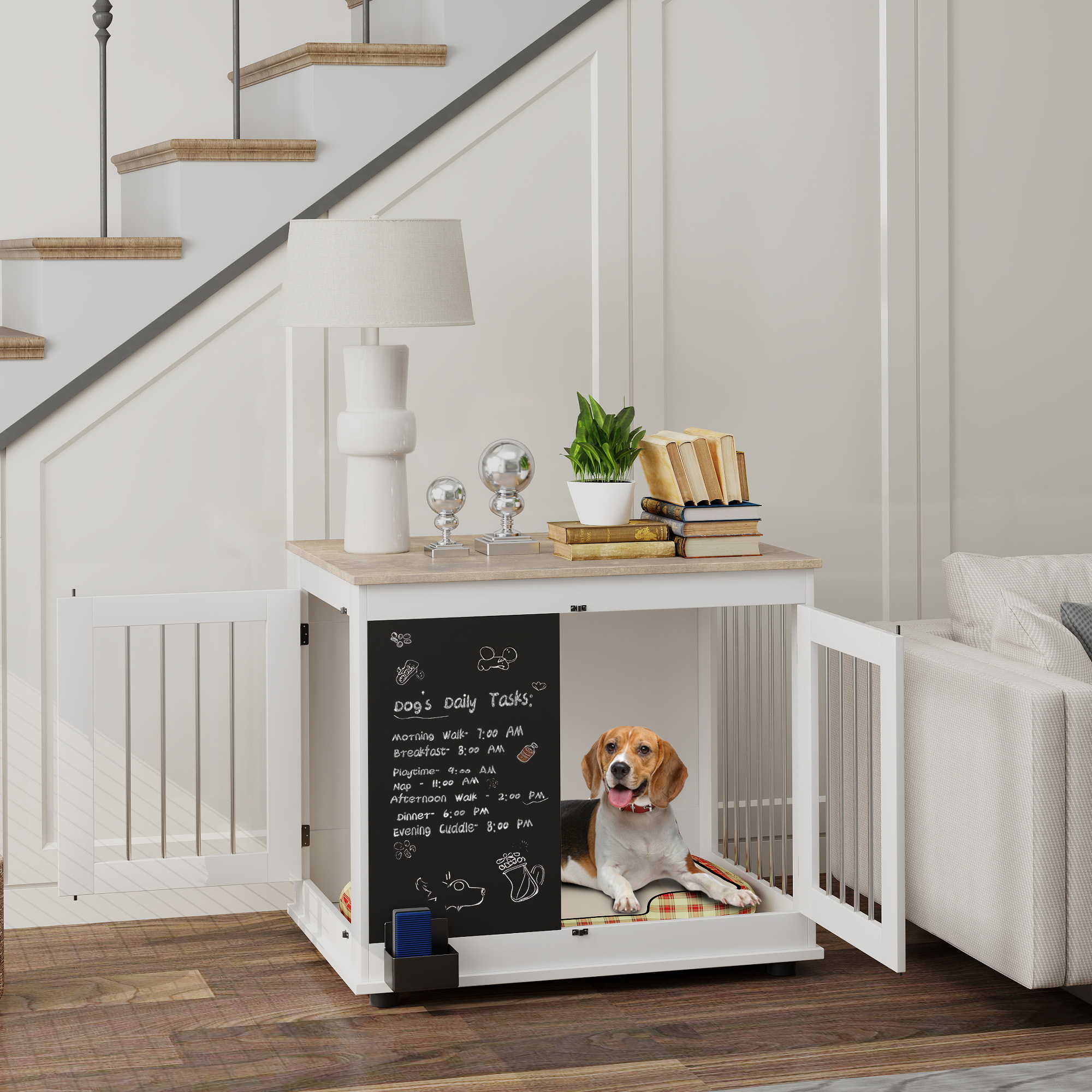 PawHut Hundekäfig Innenhundekäfig mit 3 Türen Tafel für mittelgroße Hunde 20 kg, 80 x 60 x 70 cm weiß