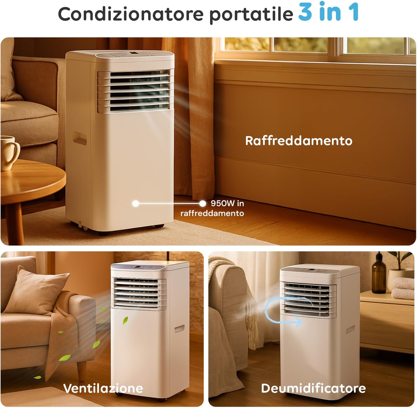 Avilia Mobiles Klimagerät 9000 BTU 3 in 1 – Luftentfeuchter, Kühler und Ventilator | Klimagerät ohne Außeneinheit für Zuhause und Büro