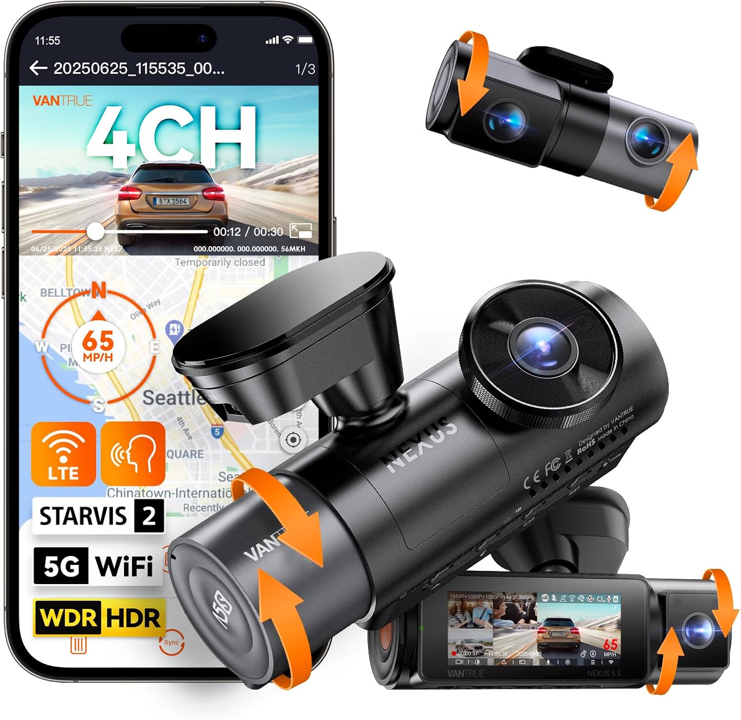 Vantrue N5S 360° WiFi Dash Cam, STARVIS 2, GPS, LTE, 1TB Support