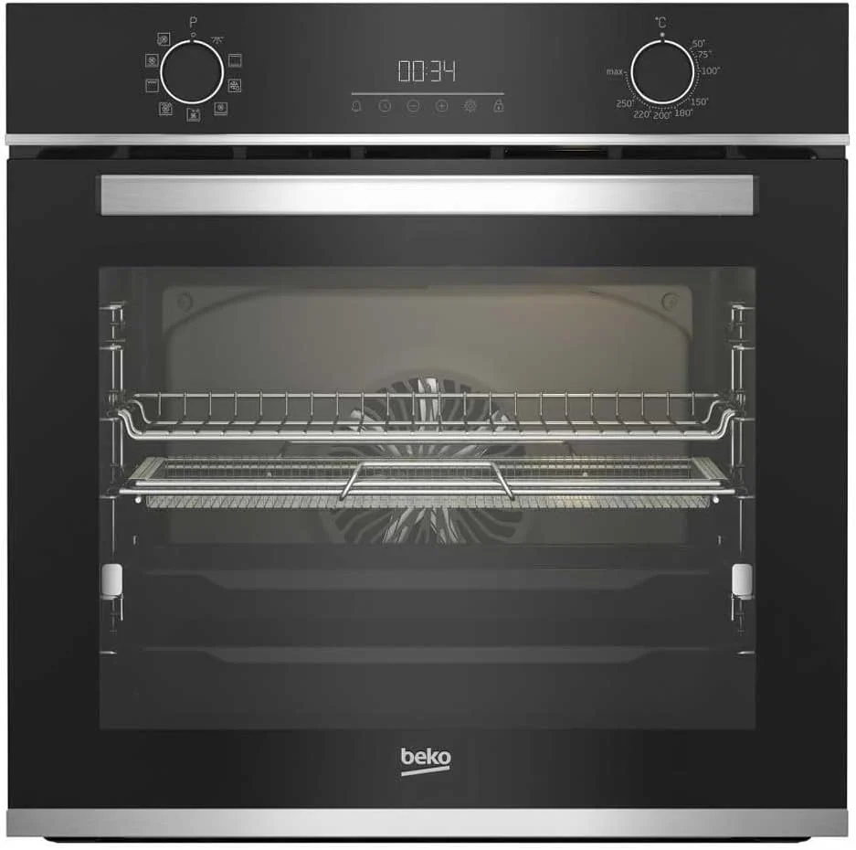 Beko Backofen, 3300 W, 72 L, Schwarz, mit Edelstahl-Finish, Umluftofen, Einbau, Kindersicherung