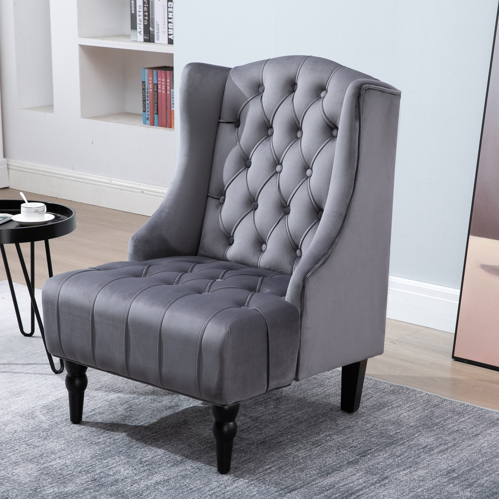 HOMCOM Einzelsessel Ohrensessel Relaxsessel mit Tufting erhöhte Beine Samtstoff Grau 67 x 70,5 x 97 cm