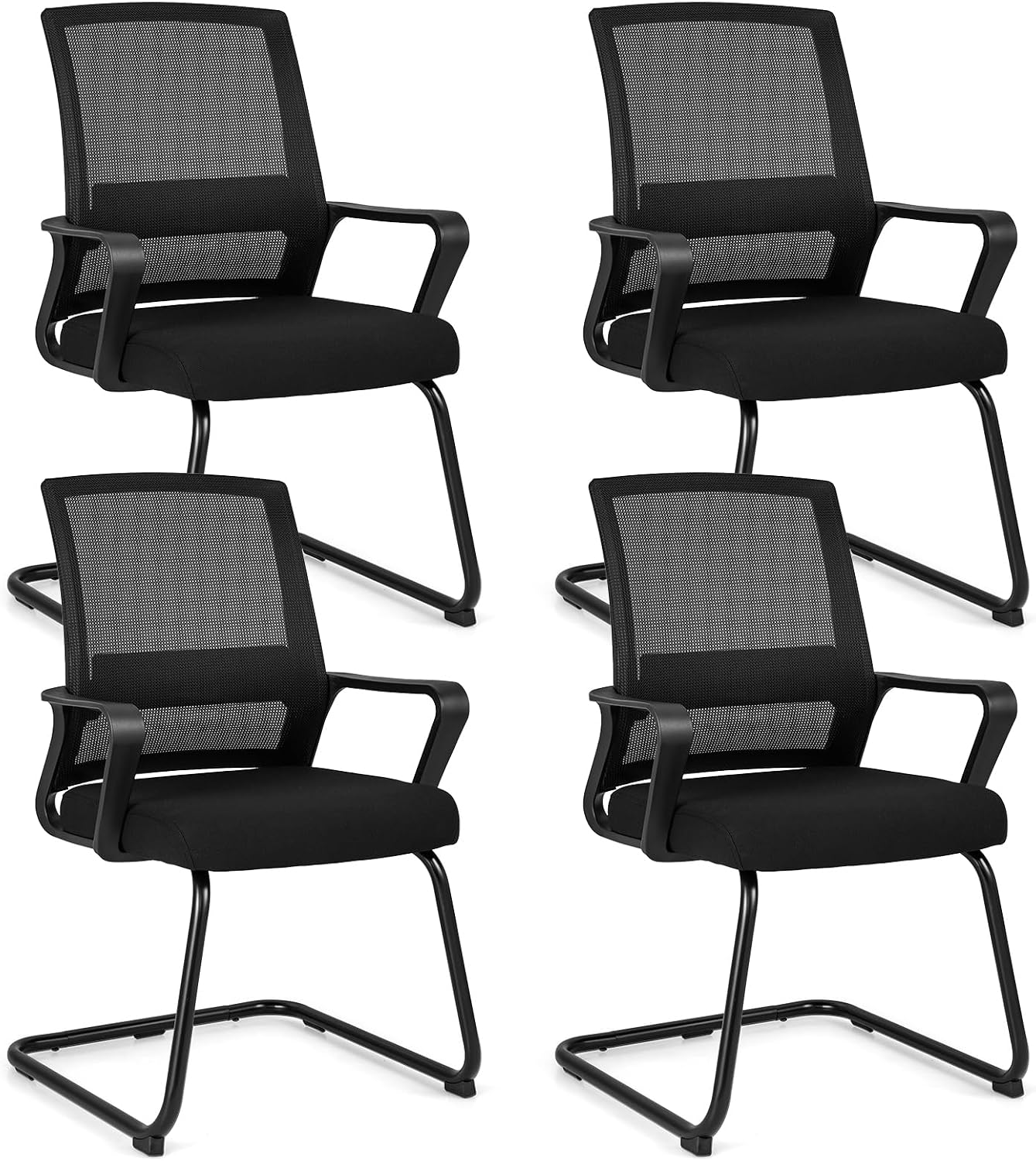 COSTWAY Besucher- & Konferenzstühle, Schwarz, Freischwinger Stühle 4er Set, Schwingstühle mit Armlehne & Lendenwirbelstütze