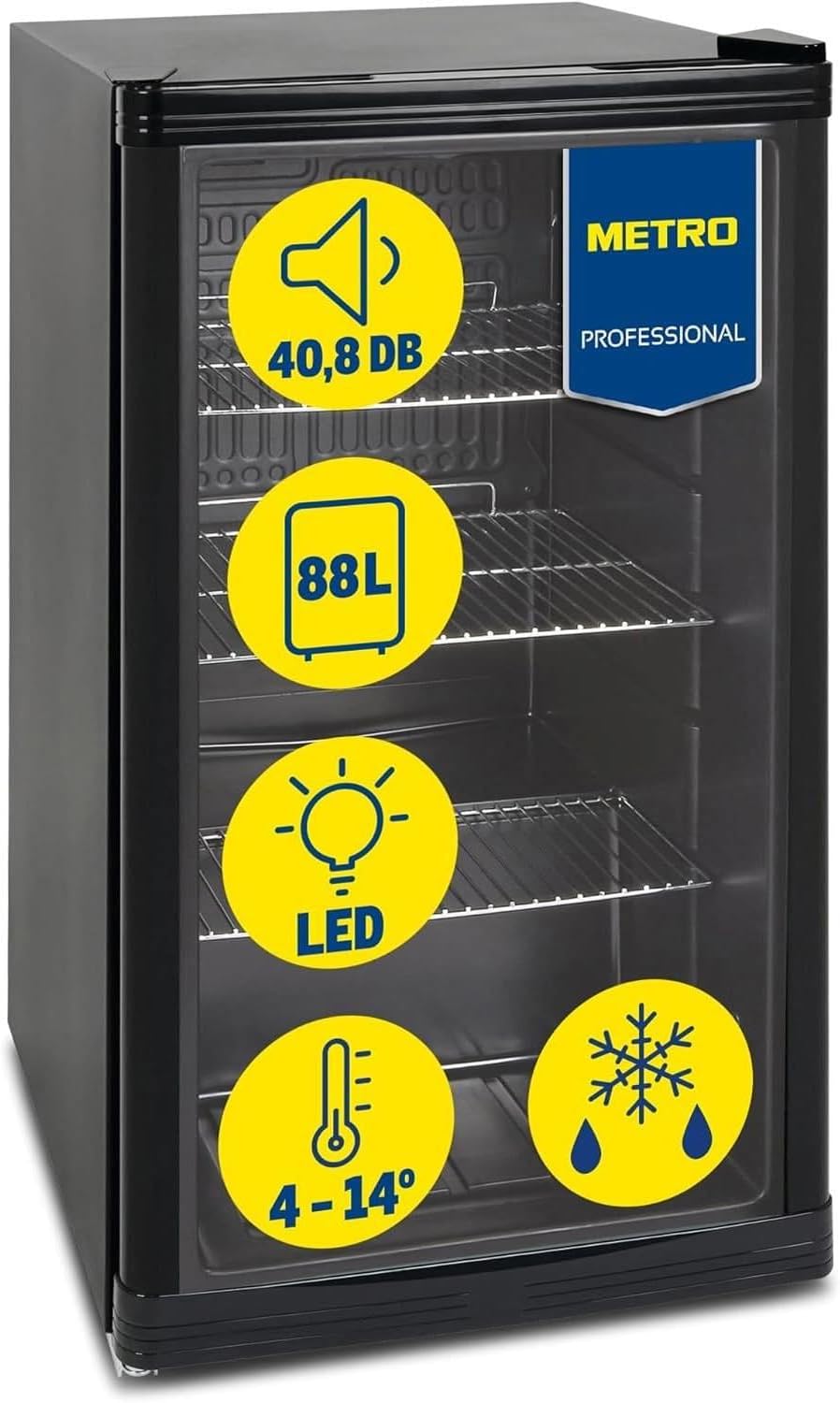 METRO Professional Mini Frigo per Bevande GPC1088 Con Porta in Vetro, 220-240V, 3 Ripiani Regolabili, Frigo Bar Silenzioso con Illuminazione LED, Frigo Da Ufficio, Bar, Gastronomia (Nero, 88 L)