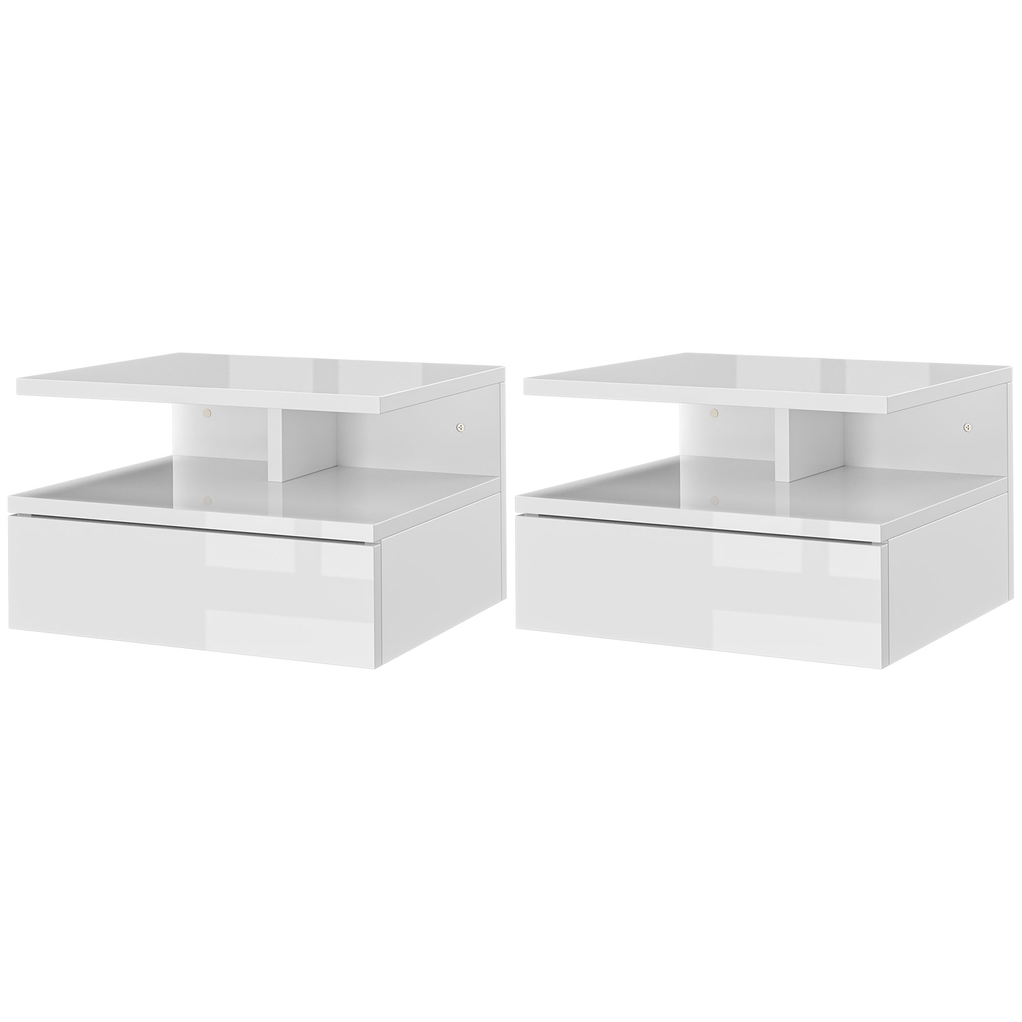 HOMCOM Set aus 2 Modernen Schwebenden Nachttischen mit Schublade und Holzregal 35x32x22.5cm, Hochglanz Weiß