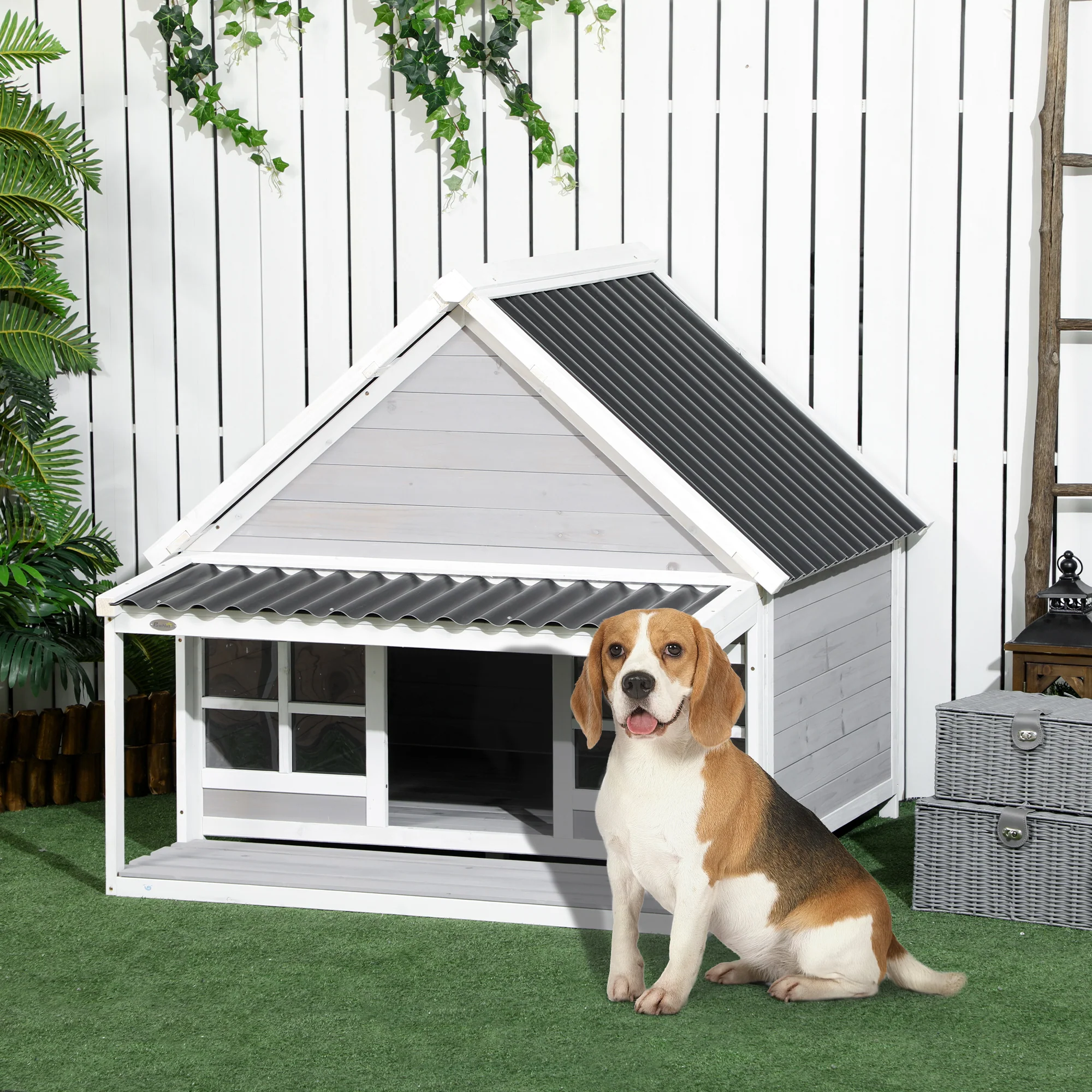 Easycomfort Cuccia per Cani da Esterno in Legno e PVC con Portico e Finestre, 126x118x105cm, Grigio