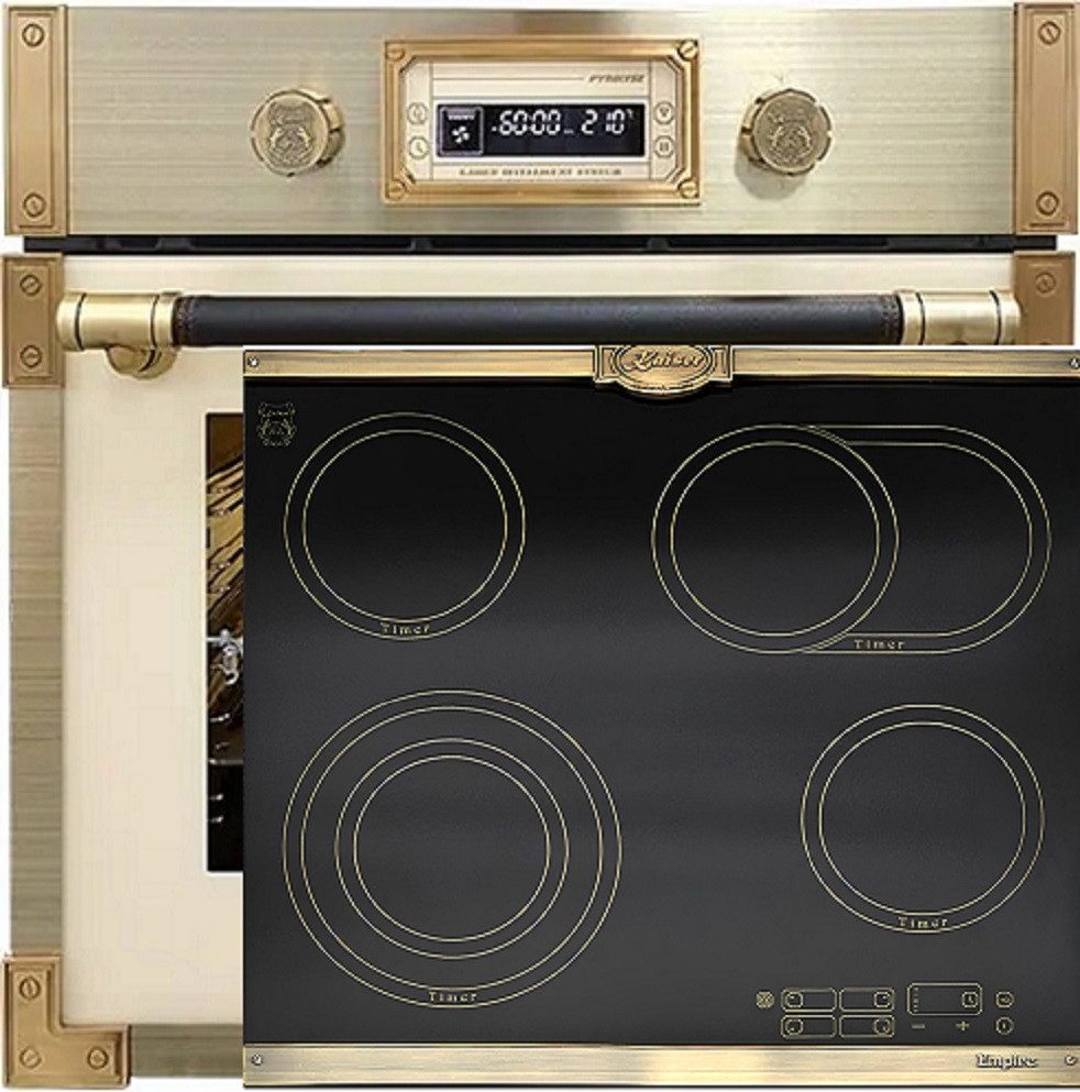 Backofen-Set Herd Set Autark Retro Einbau Backofen Elektro, 73 L mit Glaskeramik Kochfeld 60cm Einbau Herd 4 QuickHeat-Kochzonen Hi-Light EH 6427 ElfAD+KCT 6185 Em