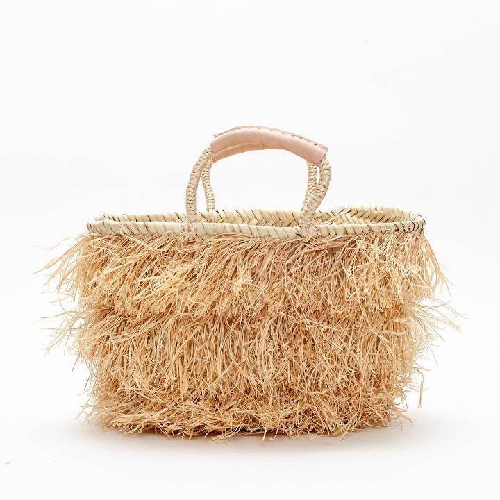 Handmade Raffia Fringe Basket �C Natural Grass & Goat Leather | Limited Edition