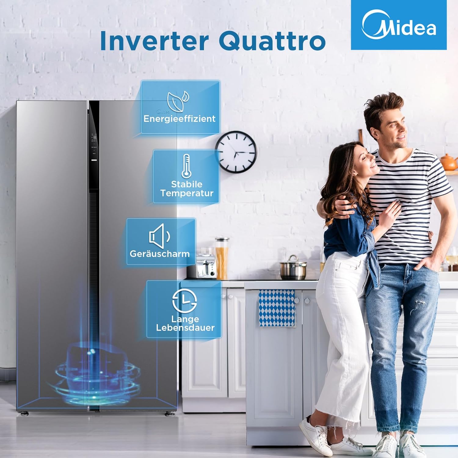 Midea KS-DDX 6.32 WT Side-by-Side Kühl-/Gefrierkombination/ 178,8 cm Hhe/ 254 kWh/Jahr/No Frost/Dual Inverter Compressor/mit 3in1 Wasser-/Eisspender und Wassertank, Dark Inox