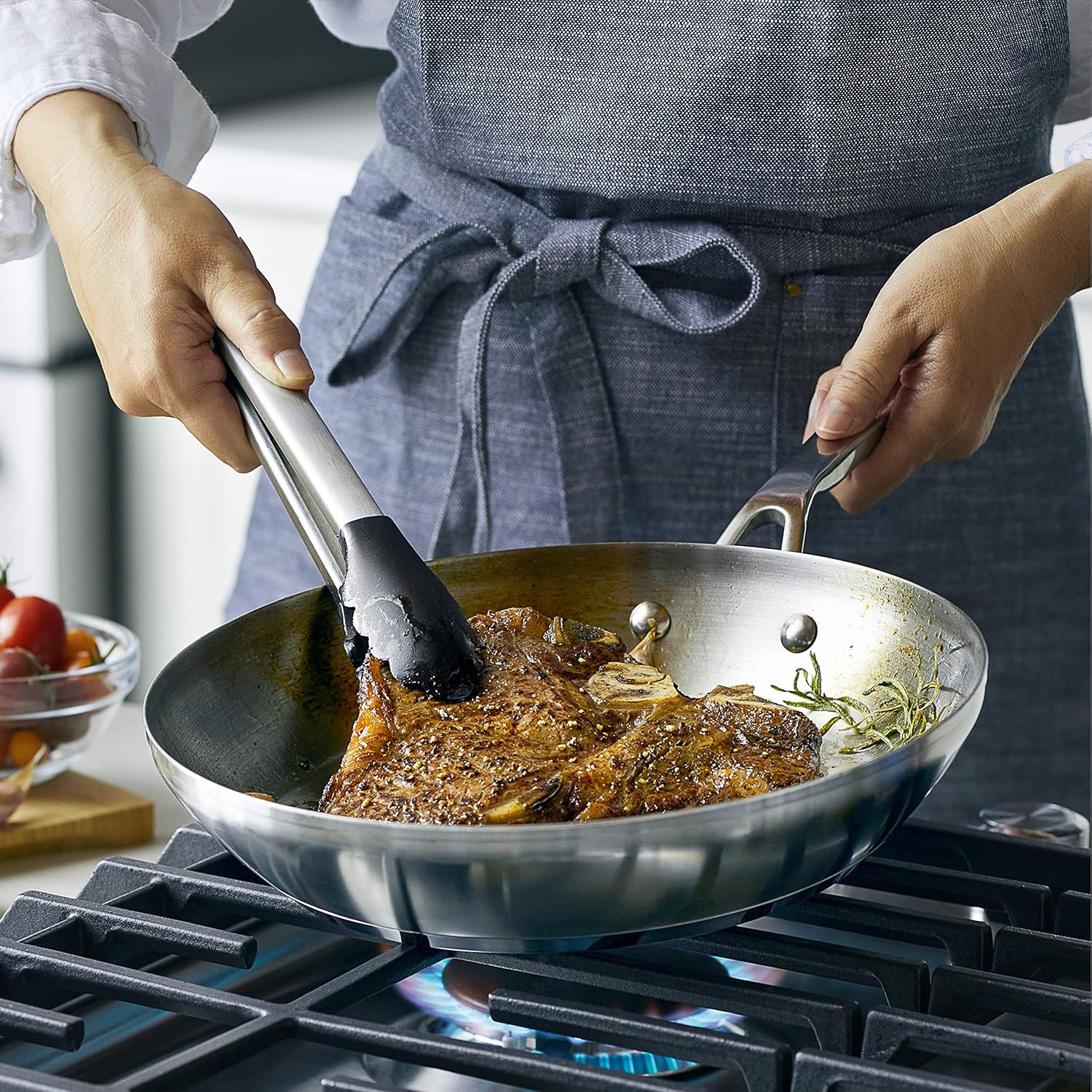 KitchenAid 3-Ply Base Brushed Stainless Steel Induction Pots and Pans Set with Nonstick Round Grill Pan and Lids, Dishwasher Safe, 10 Piece Cookware Set, Brushed Stainless Steel