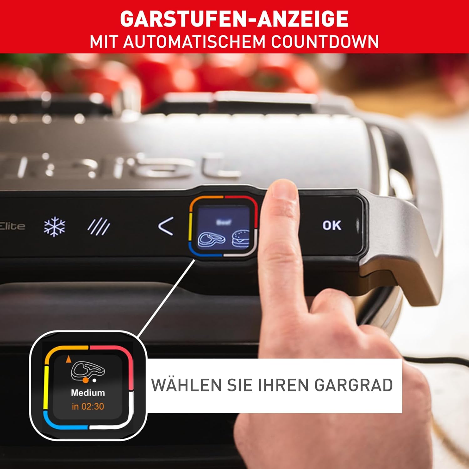 Tefal OptiGrill Elite XL Kontaktgrill, 16 Programme, Digitales Display mit Garstufenanzeige, abnehmbare XL-Platten, Grillboost-Funktion, intuitive Bedienung, Elektrogrill, Edelstahl, GC760D12