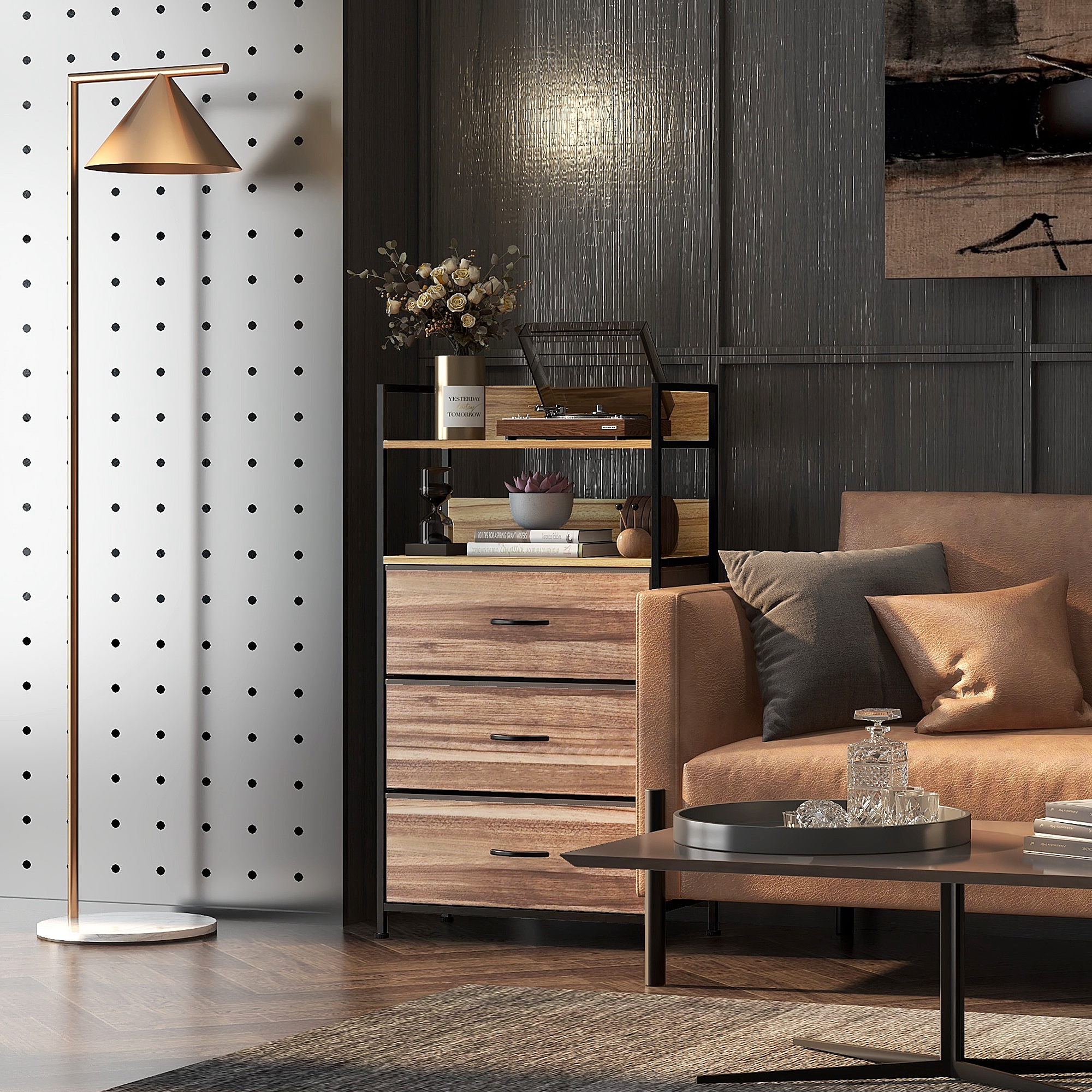 HOMCOM Aufbewahrungskommode im Industriestil mit 3 herausnehmbaren Stoffschubladen und 2 Regalen - 60 x 29 x 101 cm - MDF und Metall