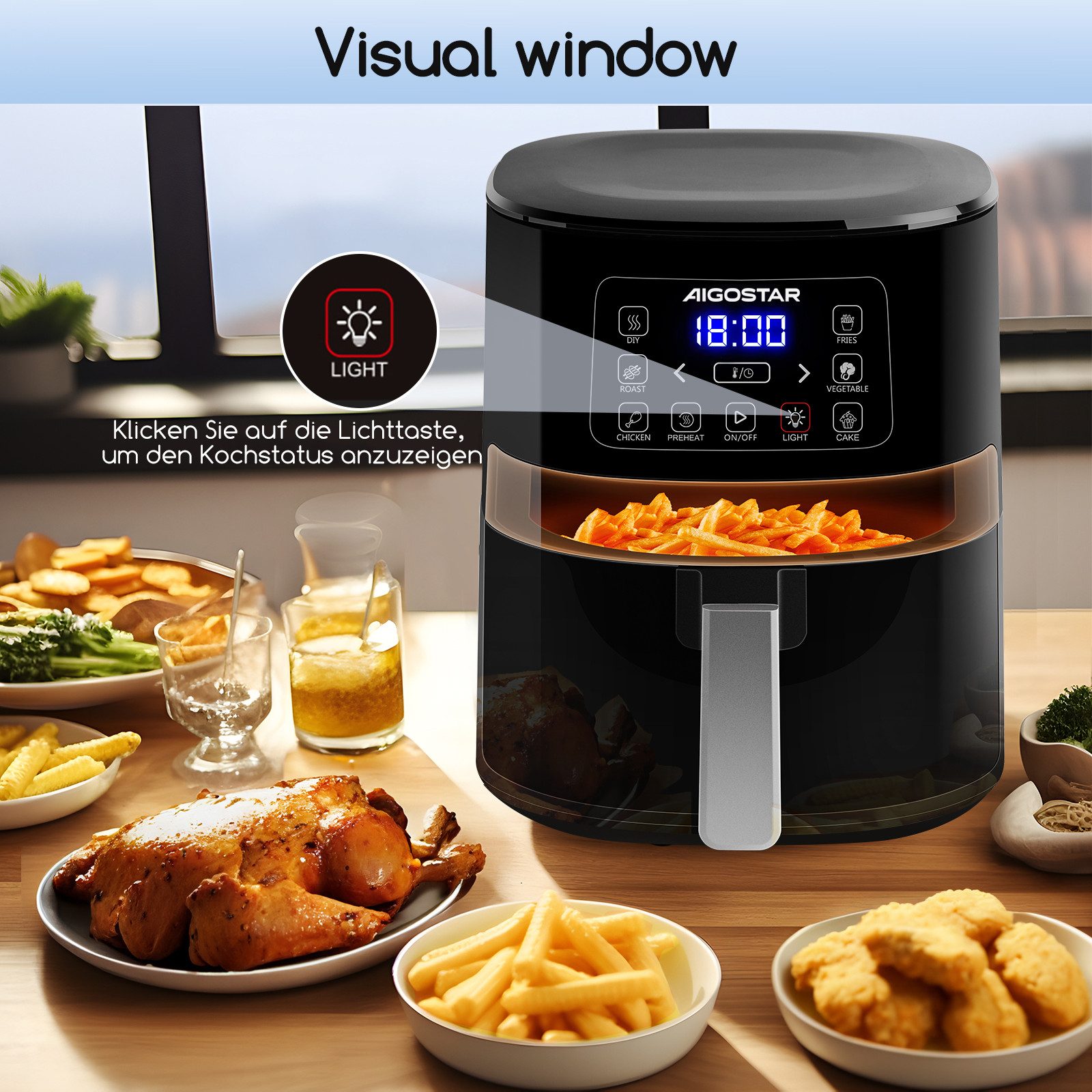 Heißluftfritteuse 4 L mit Sichtfenster, 7 voreingestellte Menüs, LED-Touchscreen, Energie Sparen