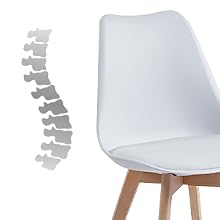 Sedia moderna stampata bianca con gambe in legno, mostrata accanto a un'illustrazione del diagramma della colonna vertebrale