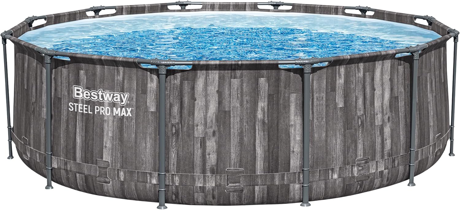 Bestway Stahlrahmenpool, 366 x 100 cm, Grau, Steel Pro MAX Solo Pool ohne Zubehör, Holz-Optik (Mooreiche), r