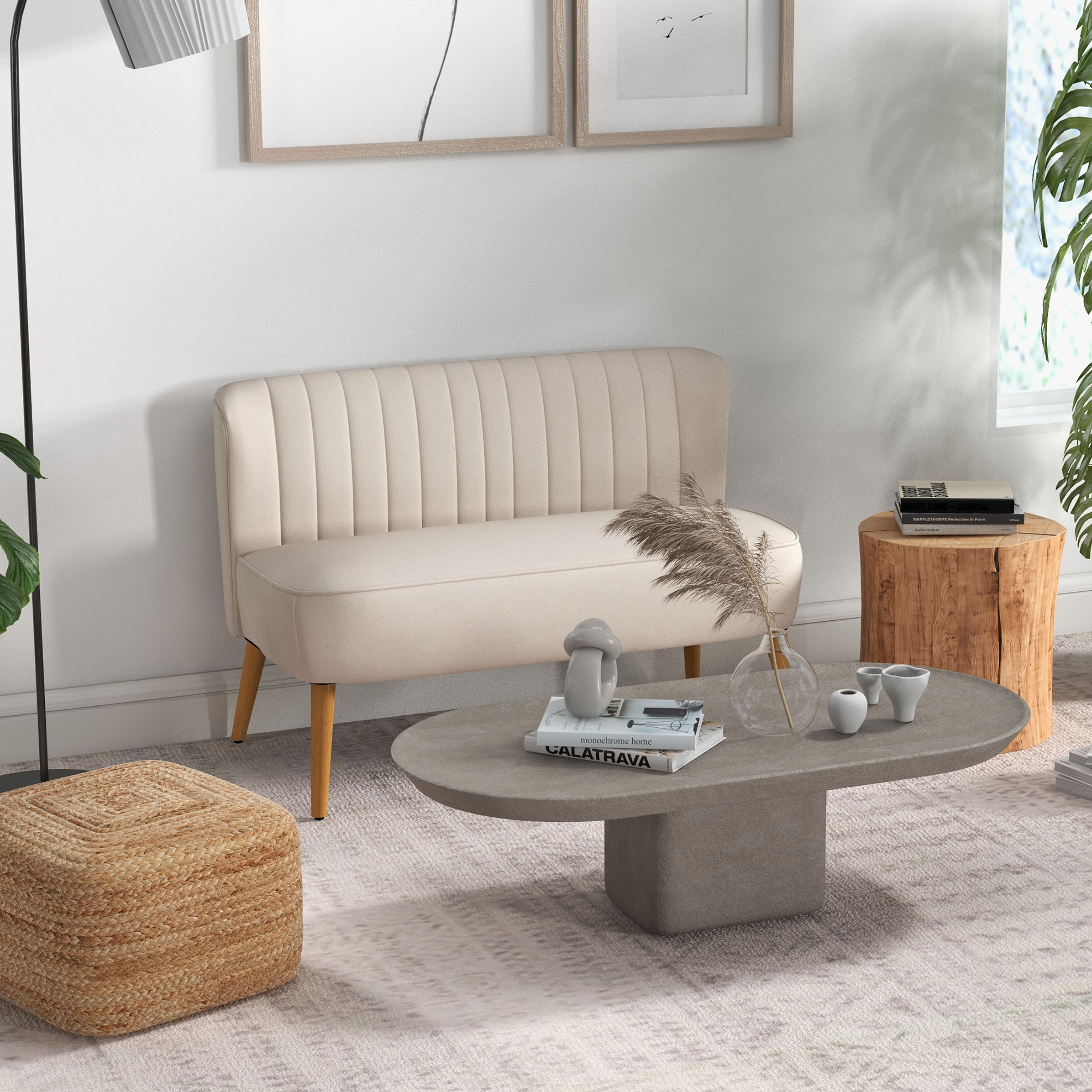 Sofa Retrodesign 2-zitsbank, houten poten, 117 cm x 56,5 cm x 77 cm, wit