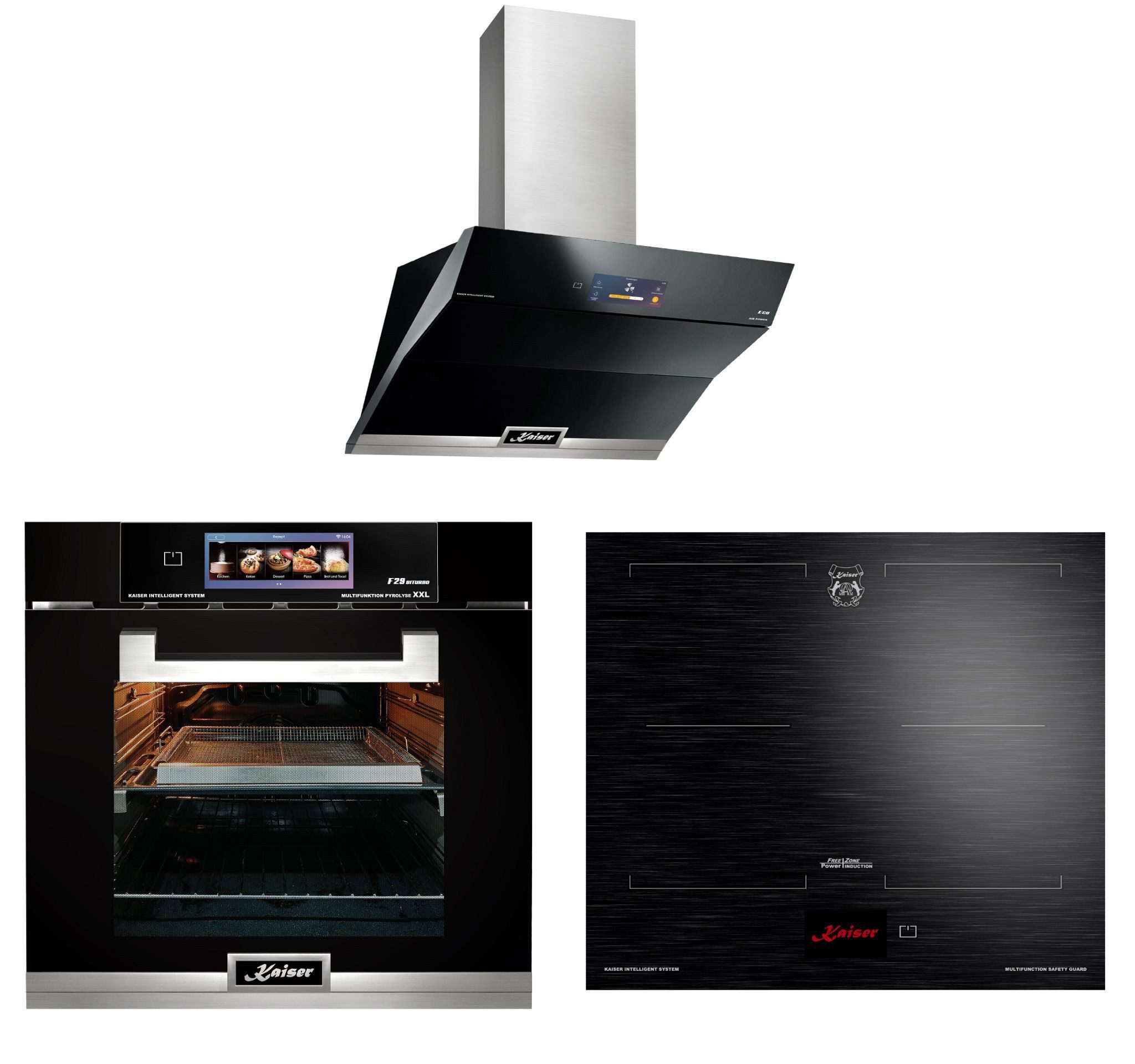 Backofen-Set Herd Set Autark Einbaubackofen Schwarzes Glas,79L,60 cm, Air fryer,TFT,Bratautomatik mit Induktionskochfeld 60 cm FREE ZONE mit 2 FLEX Induktions-Zonen TFT Display+Dunstabzugshaube 90 cm, 1250m³/h EH 6344+KCT 6140 FI+AT 9343.