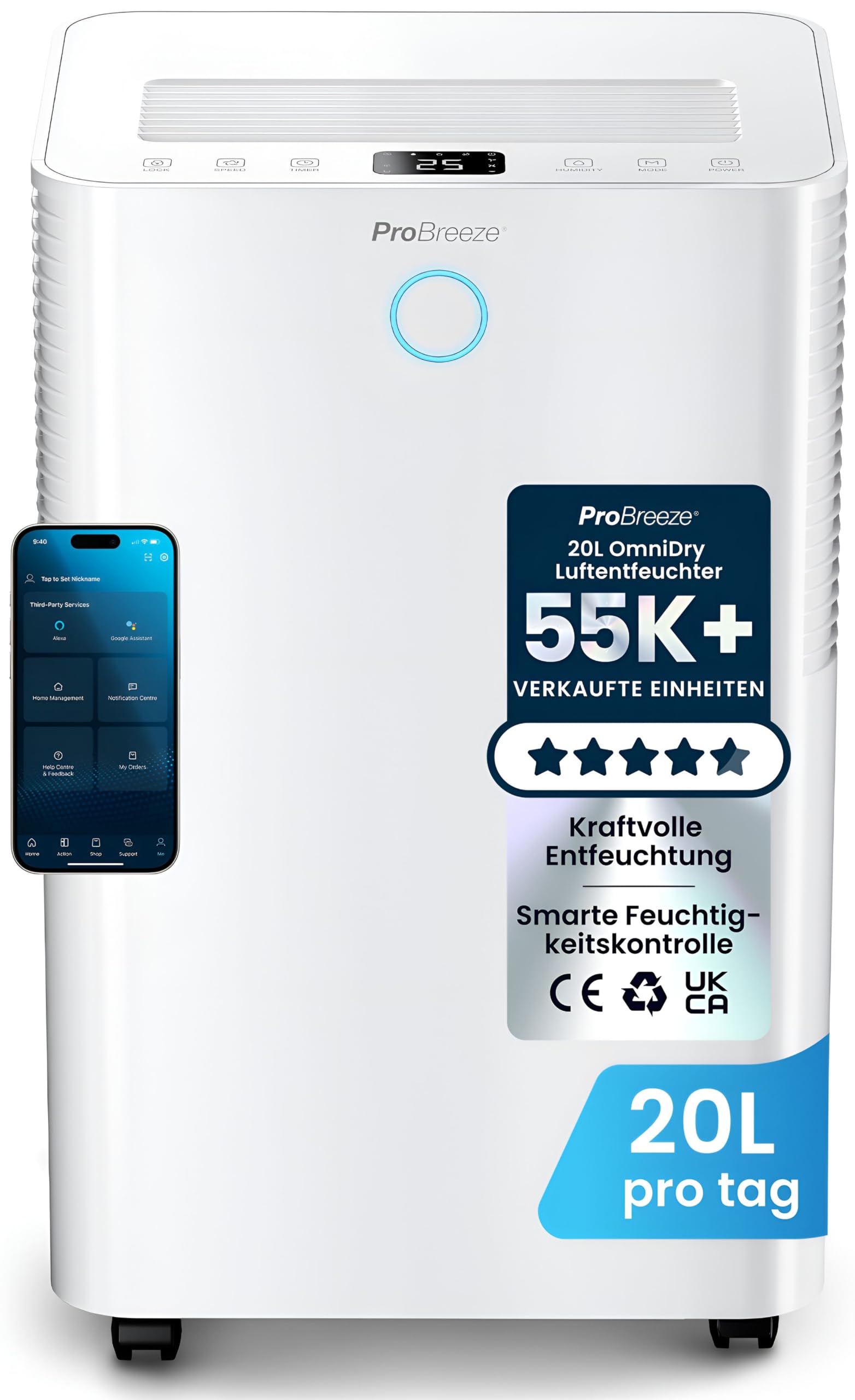 Pro Breeze OmniDry Luftentfeuchter 20L 24h mit App WLAN Wäschemodus Feuchtigkeitssensor Timer Schimmelschutz