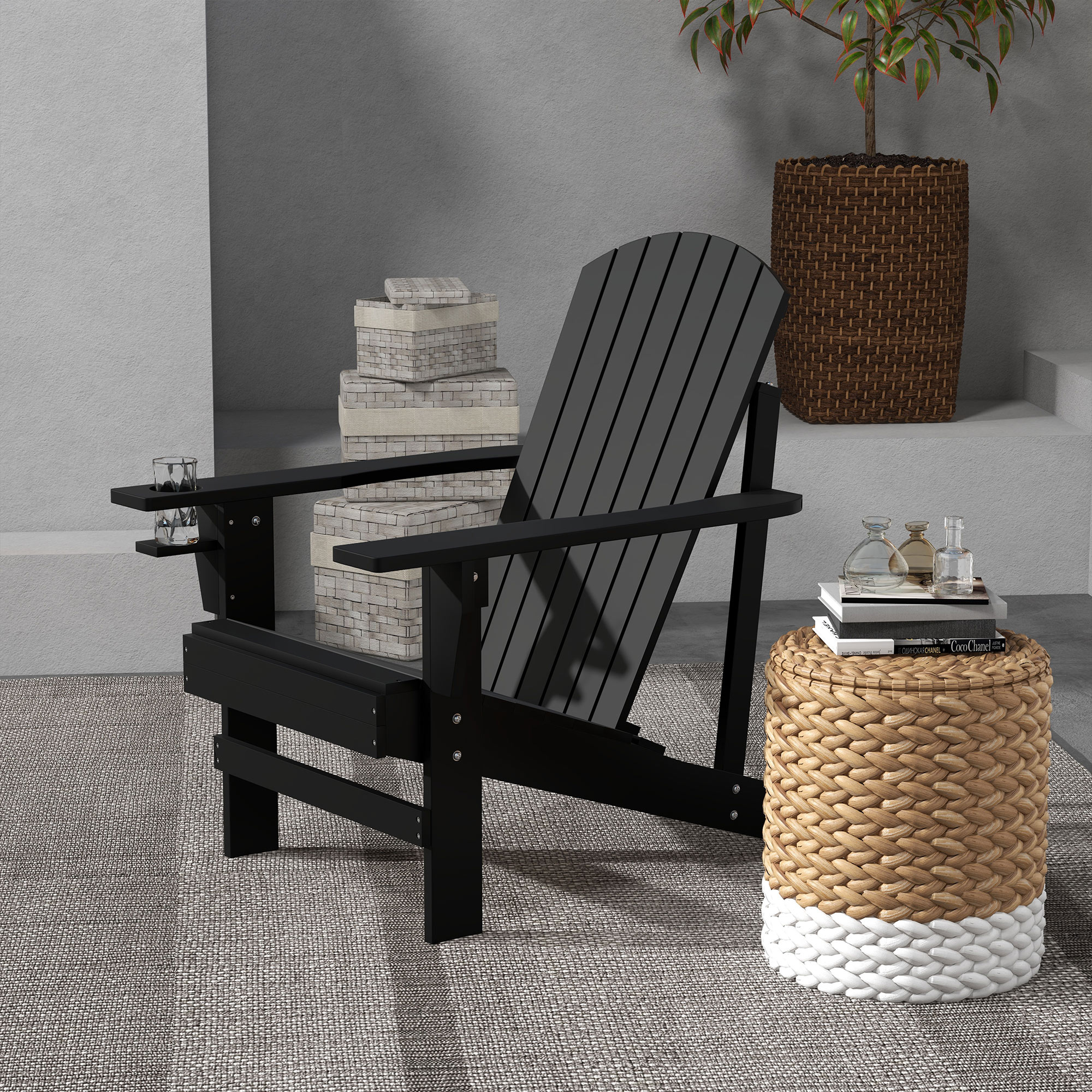 Outsunny Adirondack-Gartenstuhl mit Becherhalter Gartenliege Balkonstuhl Massivholz Schwarz 72,5 x 97 x 93 cm