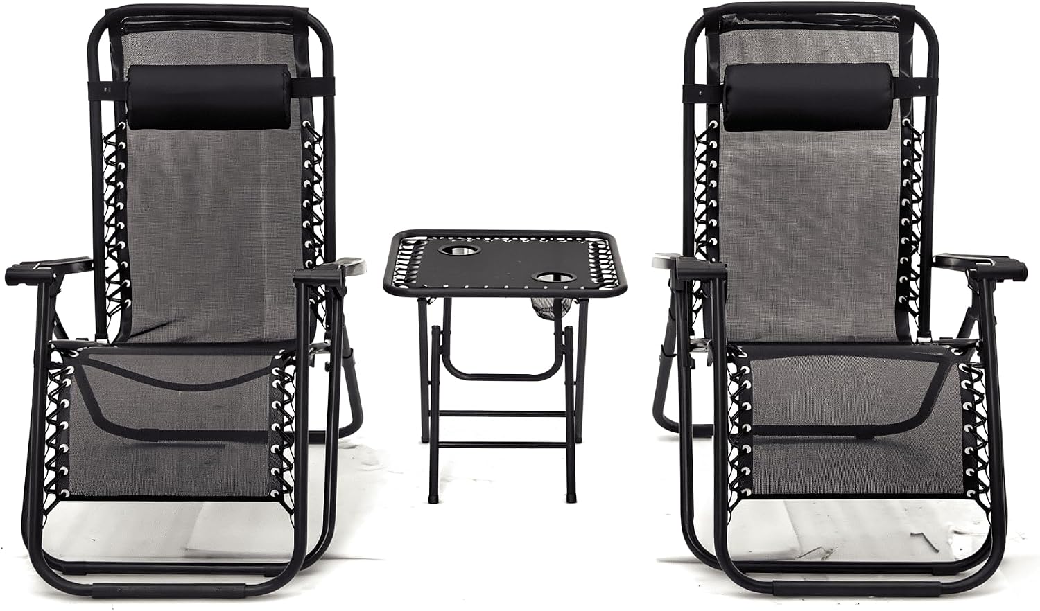 Set 2 Sdraio Zero Gravity con Tavolino 3 Pezzi – Sedia Reclinabile Pieghevole in Textilene Nero – Schienale Bloccabile – Struttura Acciaio – Portata 120 kg – Arredo Giardino Terrazzo Piscina